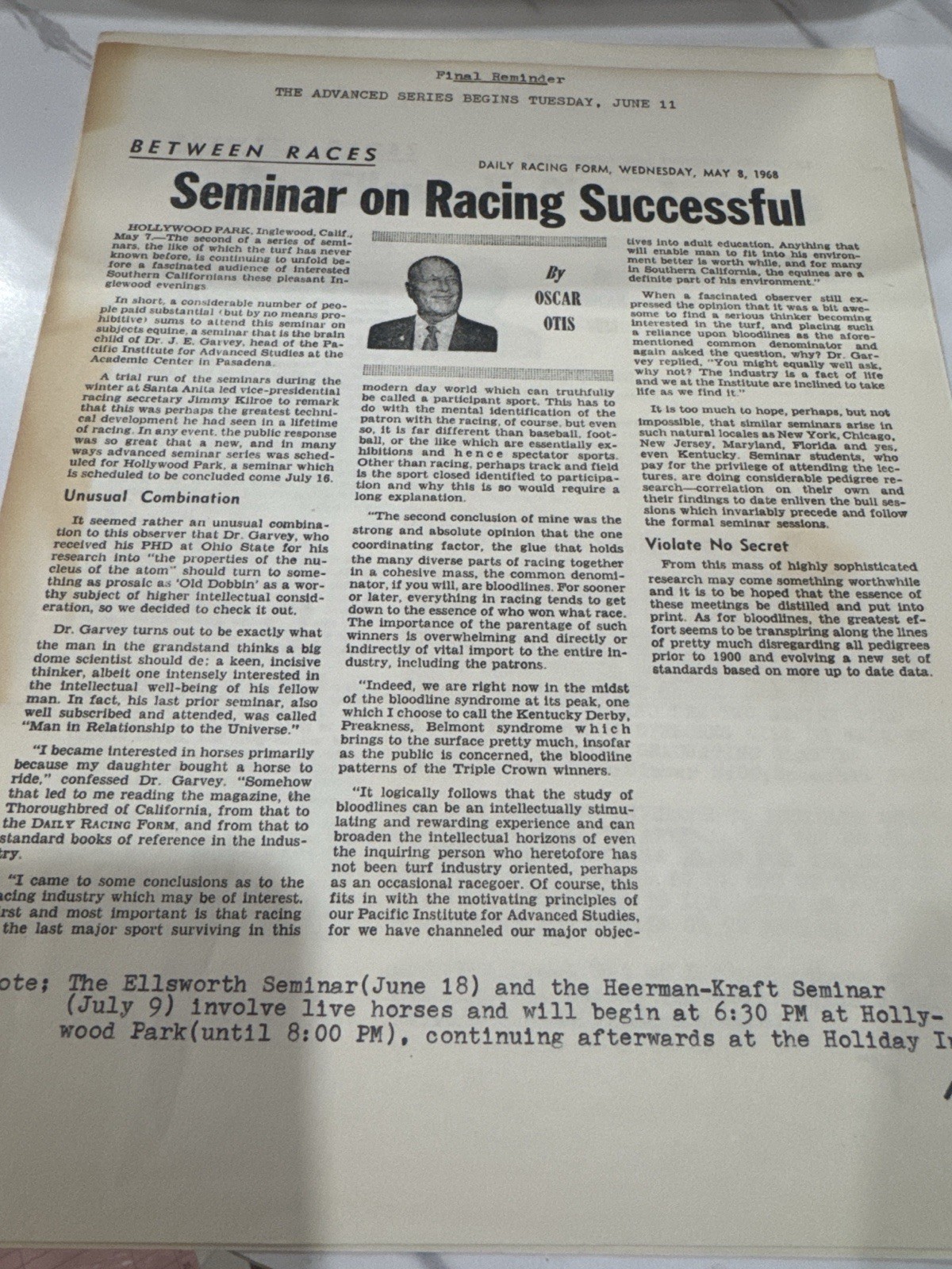 1968 Pacific Institute Pasadena Thoroughbred Racing Certificate Letters Archive