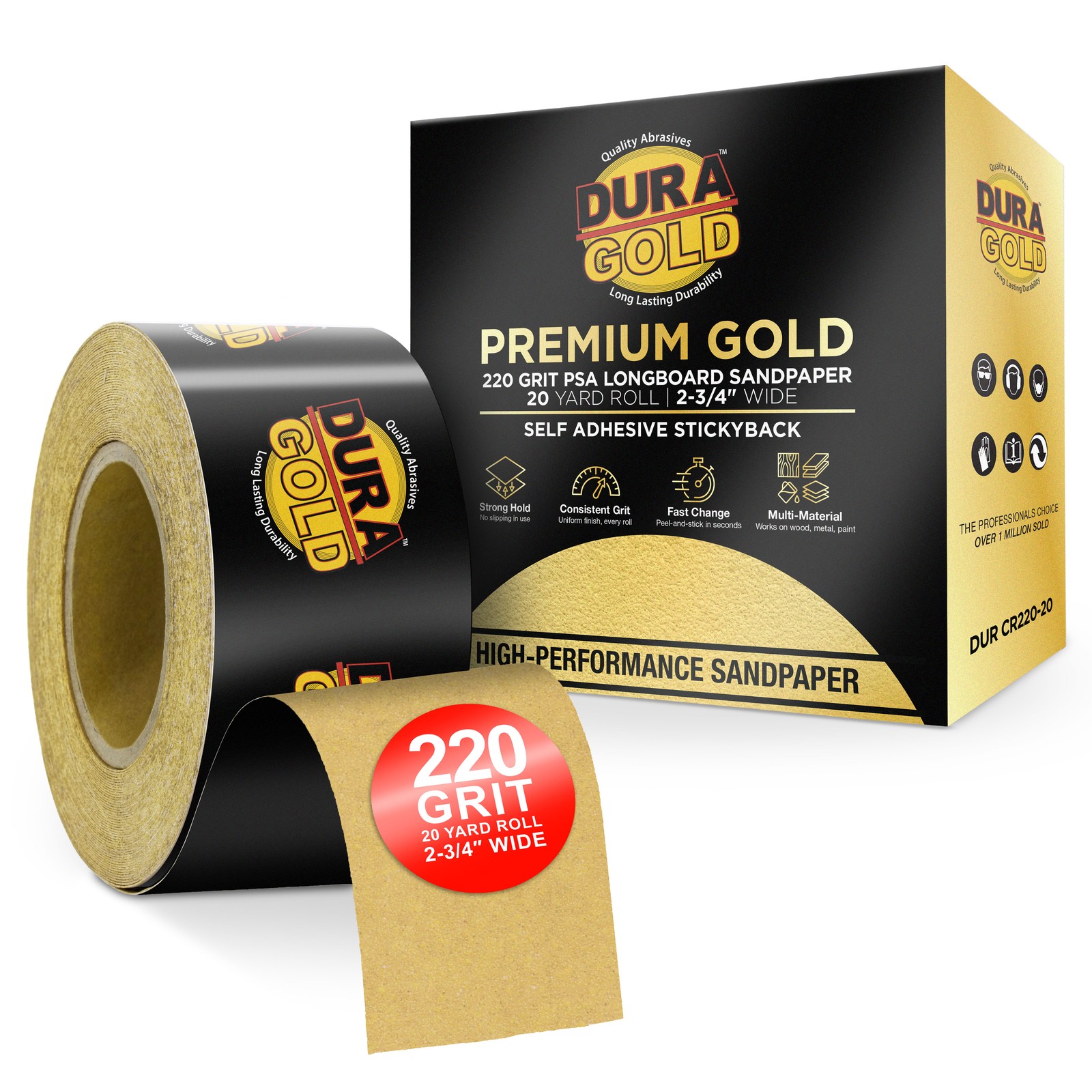 220 Grit Gold Longboard 20 Yards Long by 2-3/4" Wide PSA Self Adhesive Sandpaper