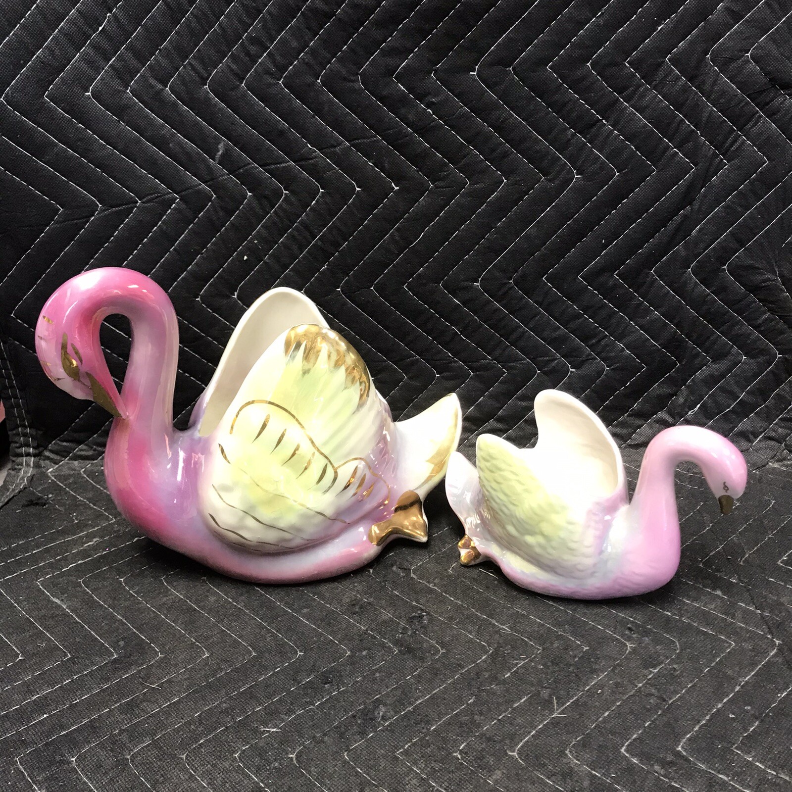 Pair MCM Lusterware Swan Planters Pink Marked COLONIAL CHINA