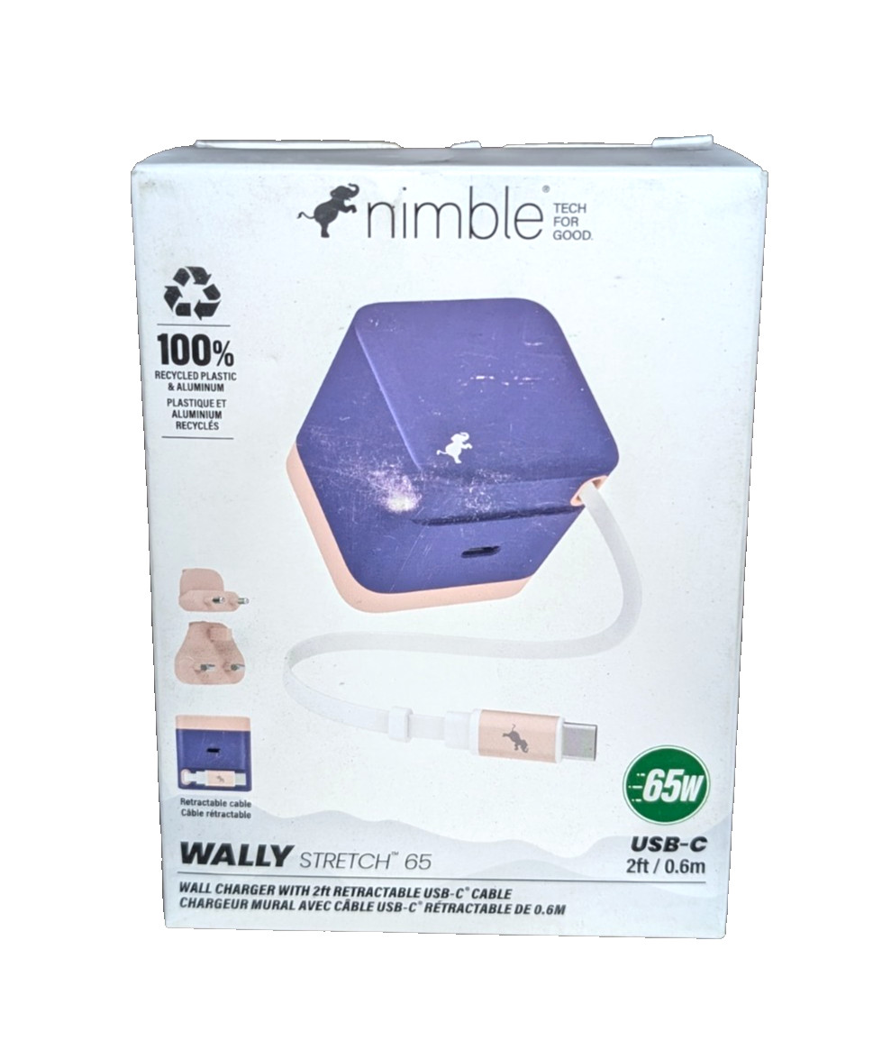 Nimble Wally Stretch 65W Dual USB-C Wall Charger w/ Retractable Cable PURPLE
