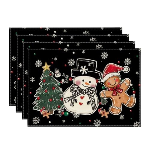 Snowman Tree Gingerbread Christmas 12" x 18", Rectangular 4 Pcs Black