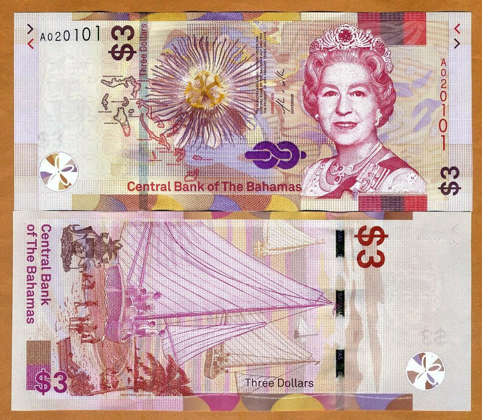 Bahamas, 3 dollars, 2019, P-New, QEII, UNC First Redesign in 40 years