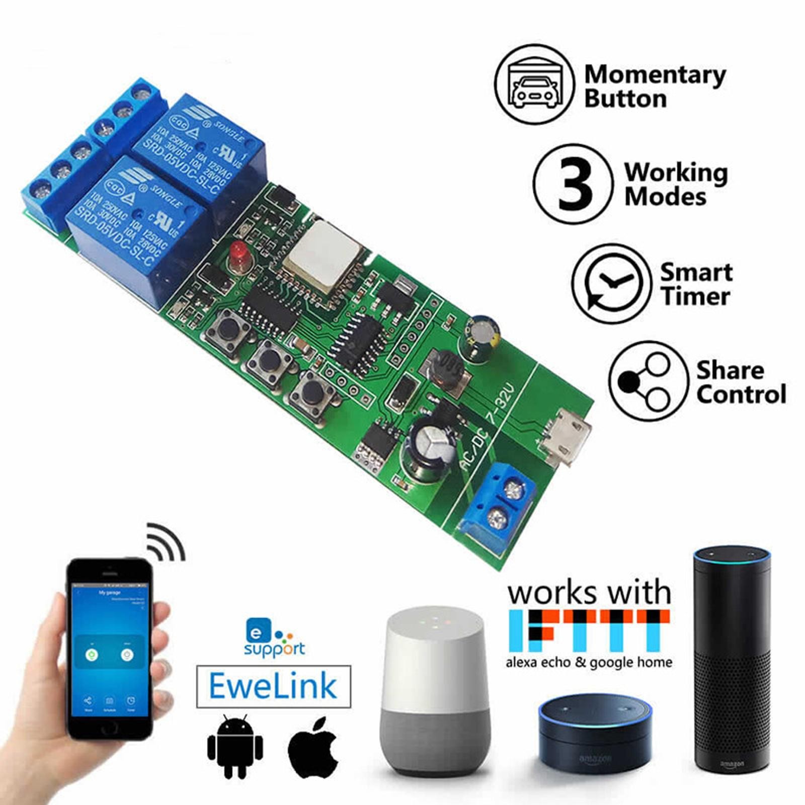 EWelink WiFi Inching Relay Momentary Interlock Switch Module for Google Home