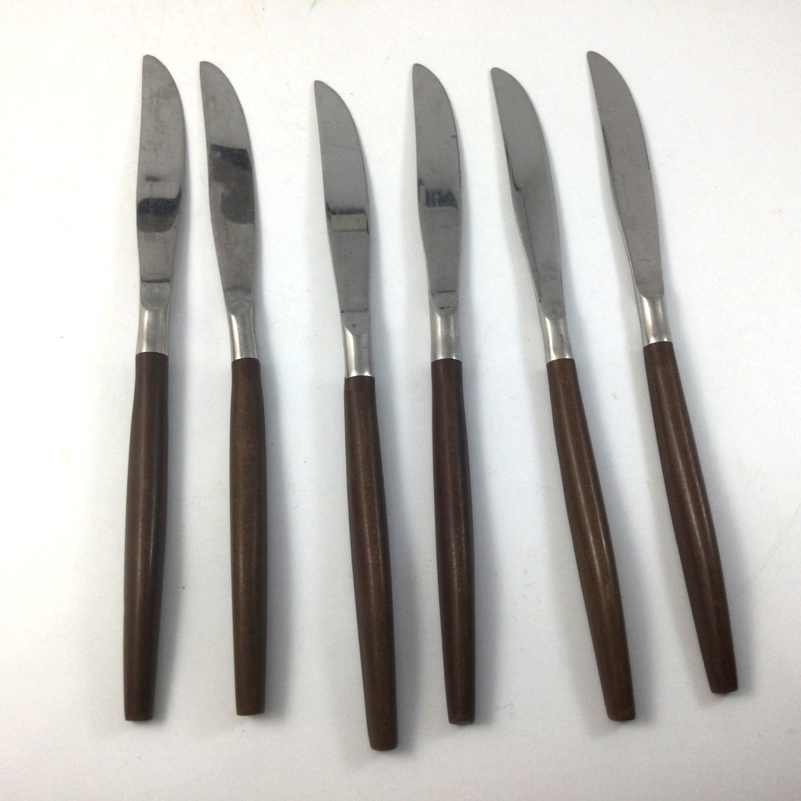 6 Vintage EKCO Eterna Stainless Japan Knives Wood Handles Mid Century