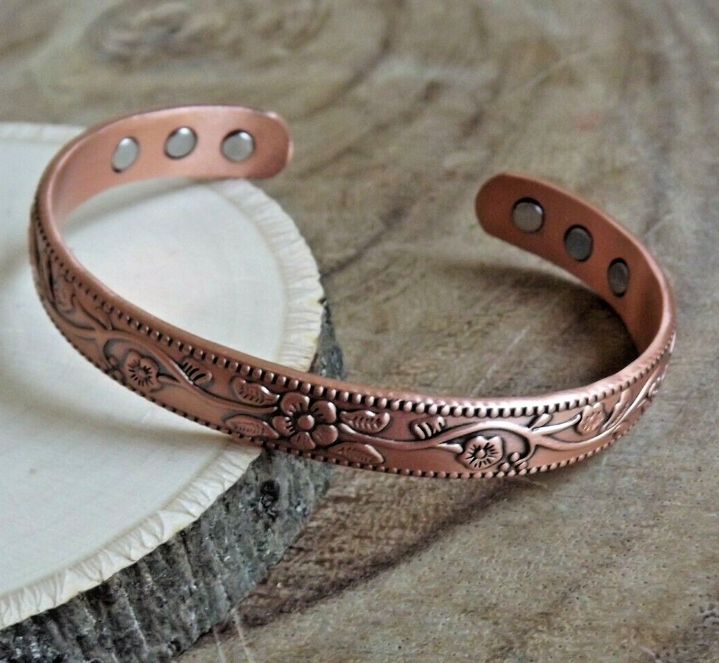 Pure Copper Magnetic Bracelet Arthritis Pain Therapy Energy Cuff Flower