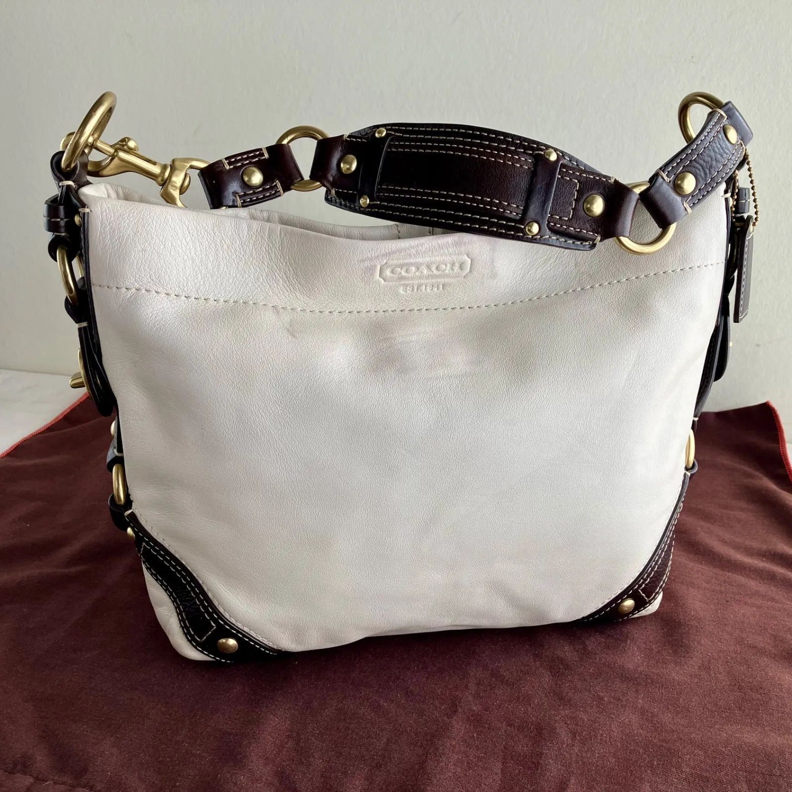 Coach Vintage Carly Ivory Leather Hobo Bag Y2K Brass Hardware Authentic