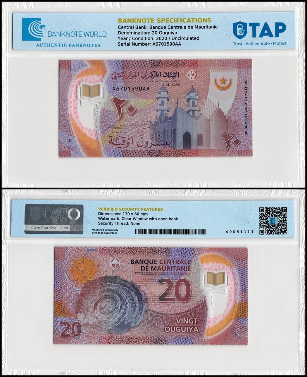 Mauritania 20 Ouguiya, 2020, P-A22, UNC, Polymer, TAP Authenticated