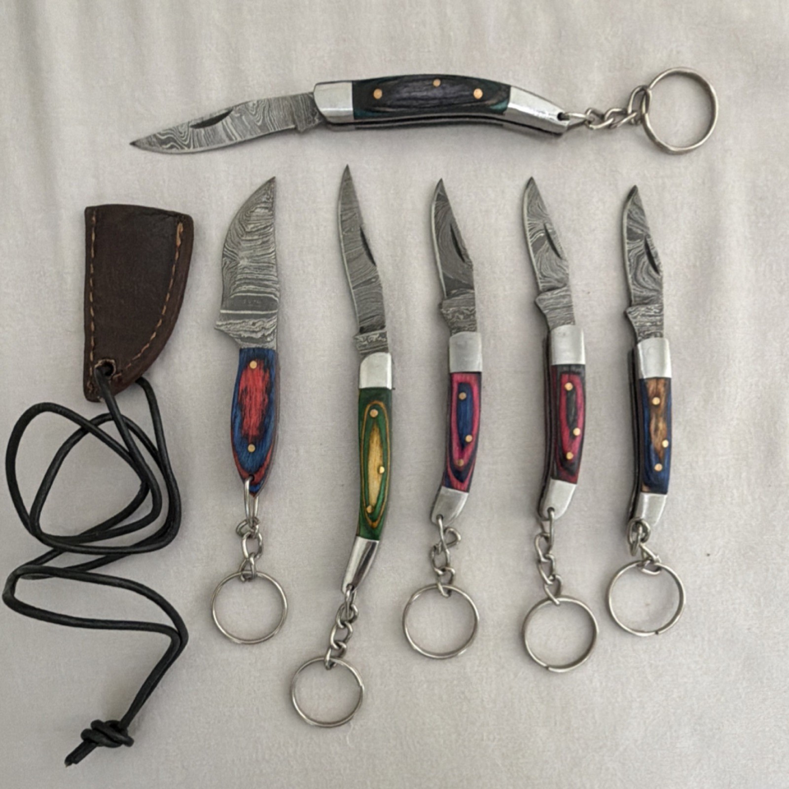 Lot of 6 Miniature Handmade Damascus Steel Keychain Knives Wood/Resin Handles