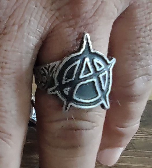 Anarchy ring - Anarchist Symbol -- Lawlessness - Disorder -- sizes 7 to 14 RL288