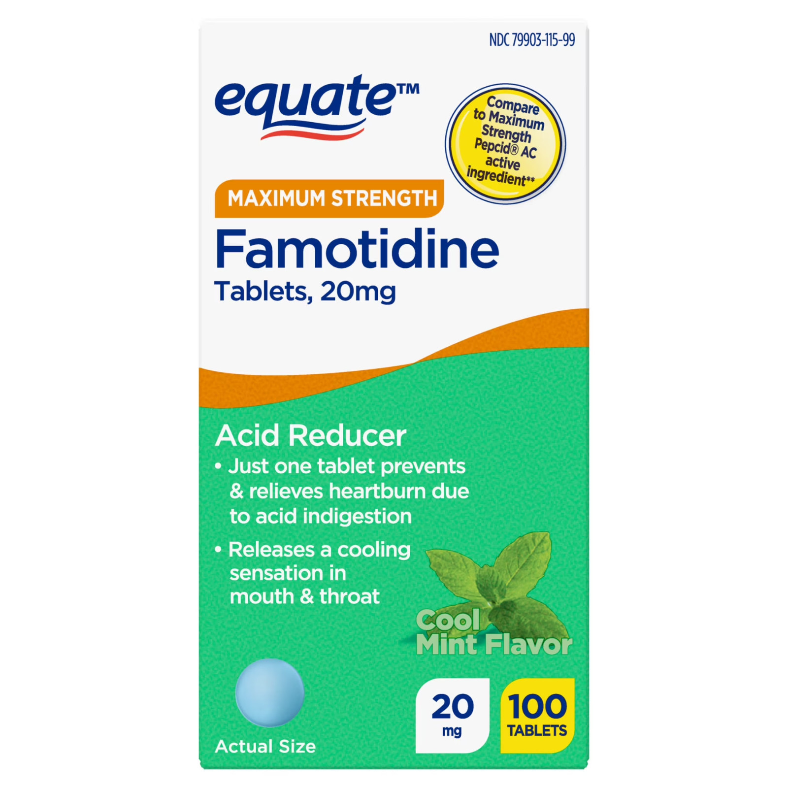 Equate Famotidine 20mg Cool Mint Heartburn Relief 100ct Compare Pepcid AC