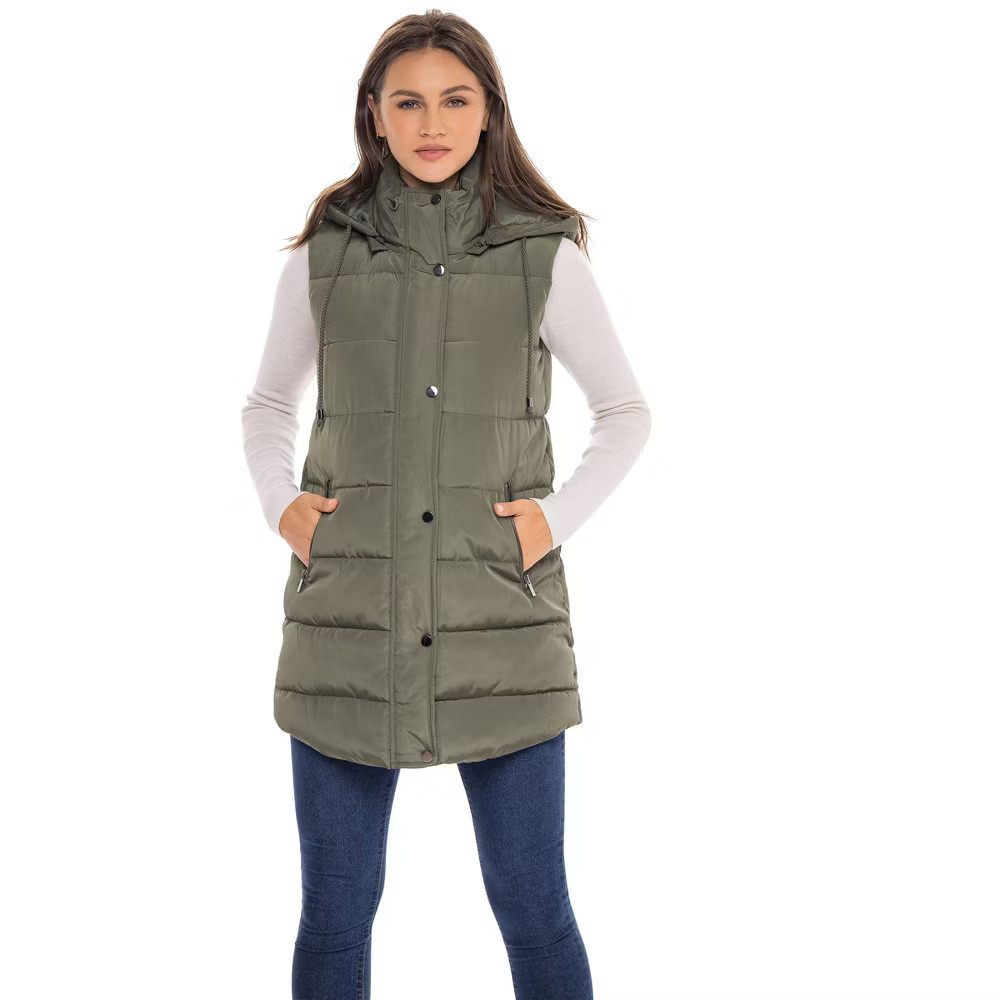 Women's Long Puffer Vest with Hood - S.E.B. By SEBBY Olive Medium