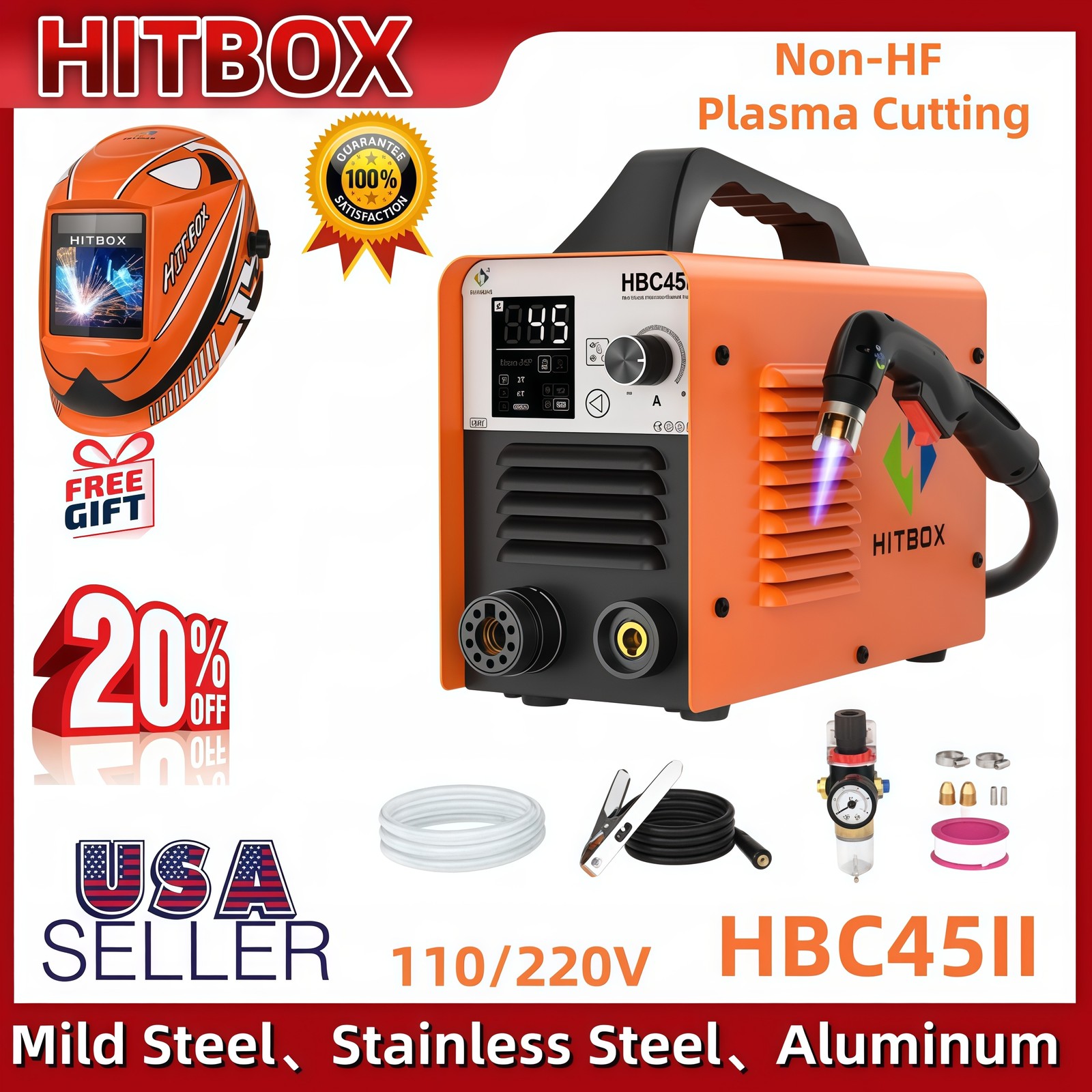 HITBOX 45A Plasma Cutter - 110/220V Non-Touch Non-HF Pilot Arc，w/Helmet NEW