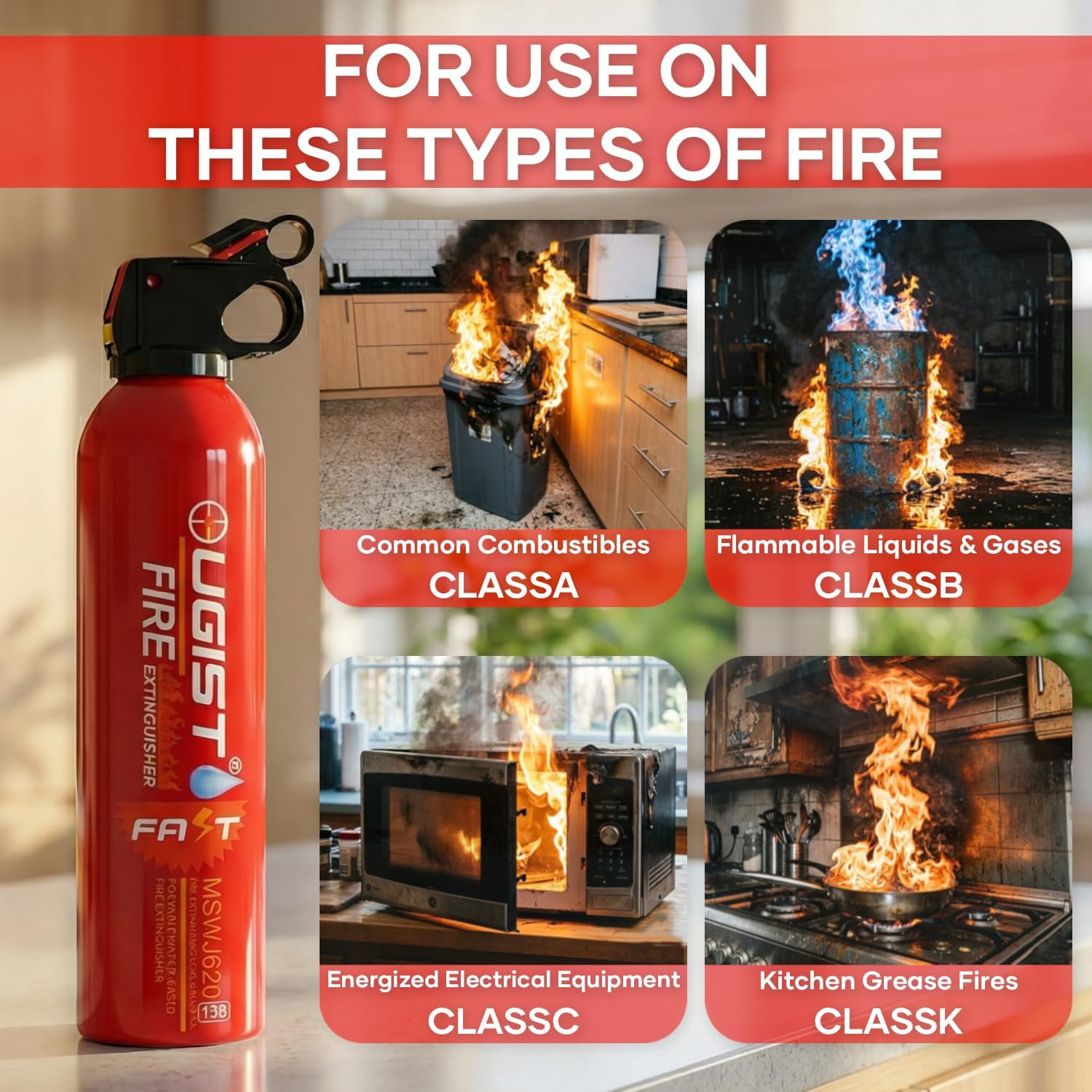 Multipurpose Fire Extinguisher (4 Pack, 21Oz Each) with Wall Mount Bracket, Wate