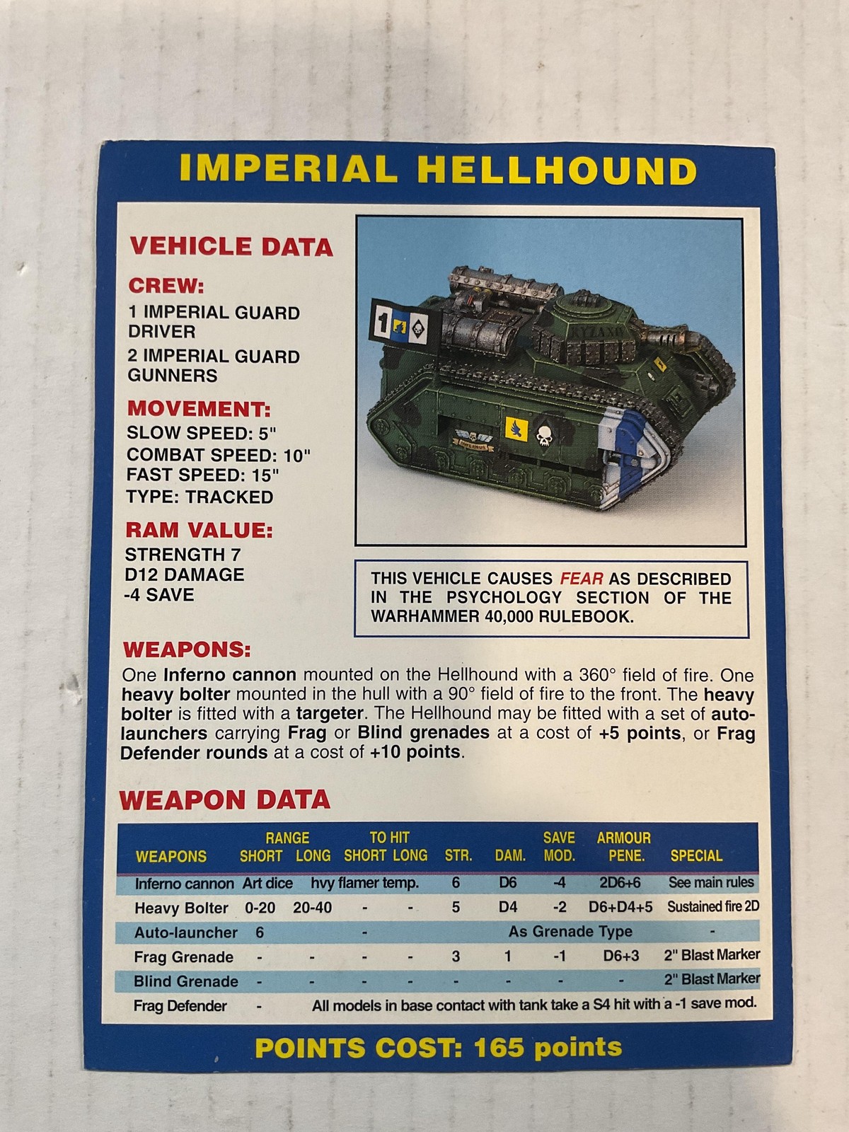 Warhammer 40K Imperial Hellhound Data Card Astra Militarum Games Workshop