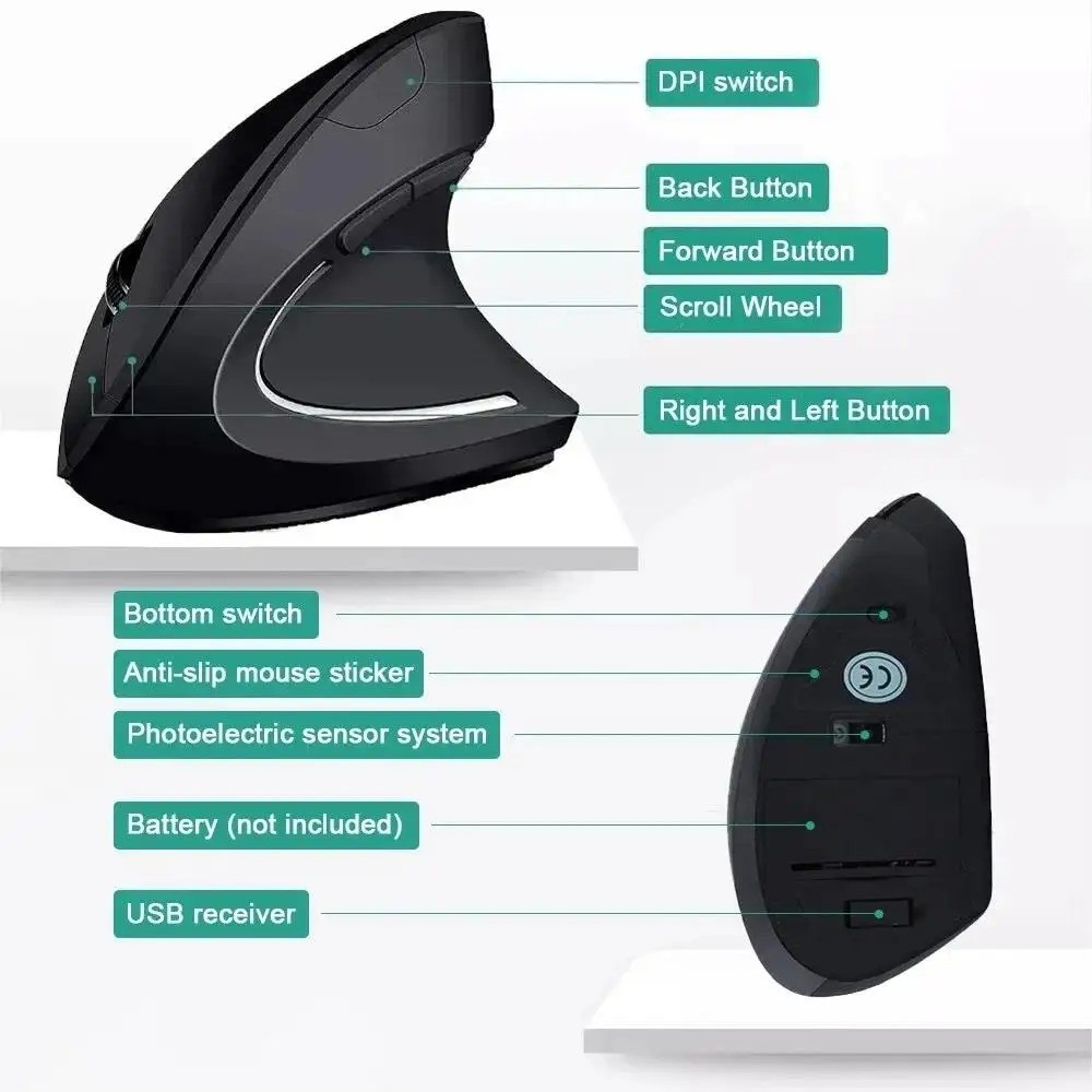 Vertical Mouse Ergonomic 2.4GHz Wireless Optical Mice 3 Adjustable DPI 800/1200/