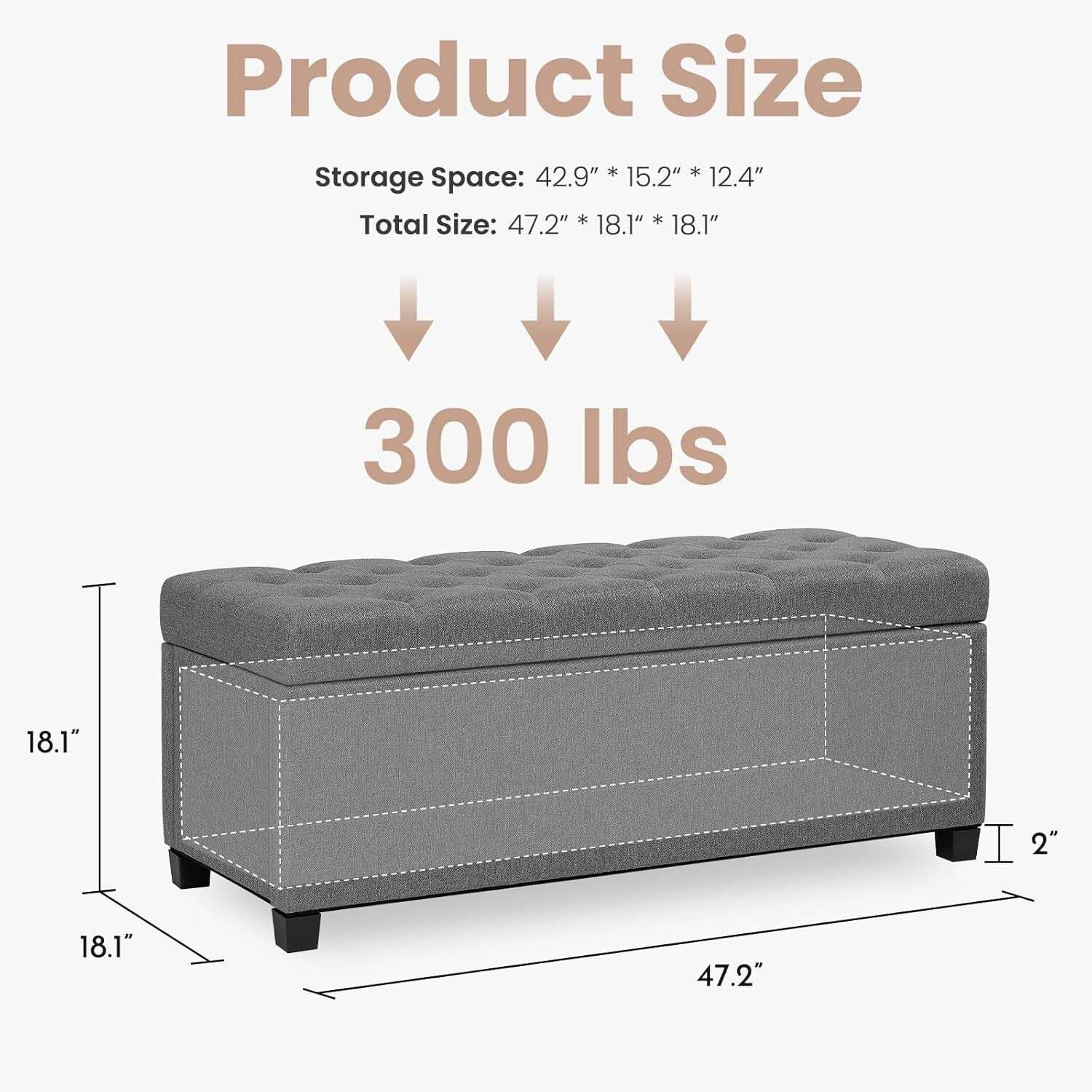 47.2 Inch Storage Ottoman Bench Light Grey Upgraded