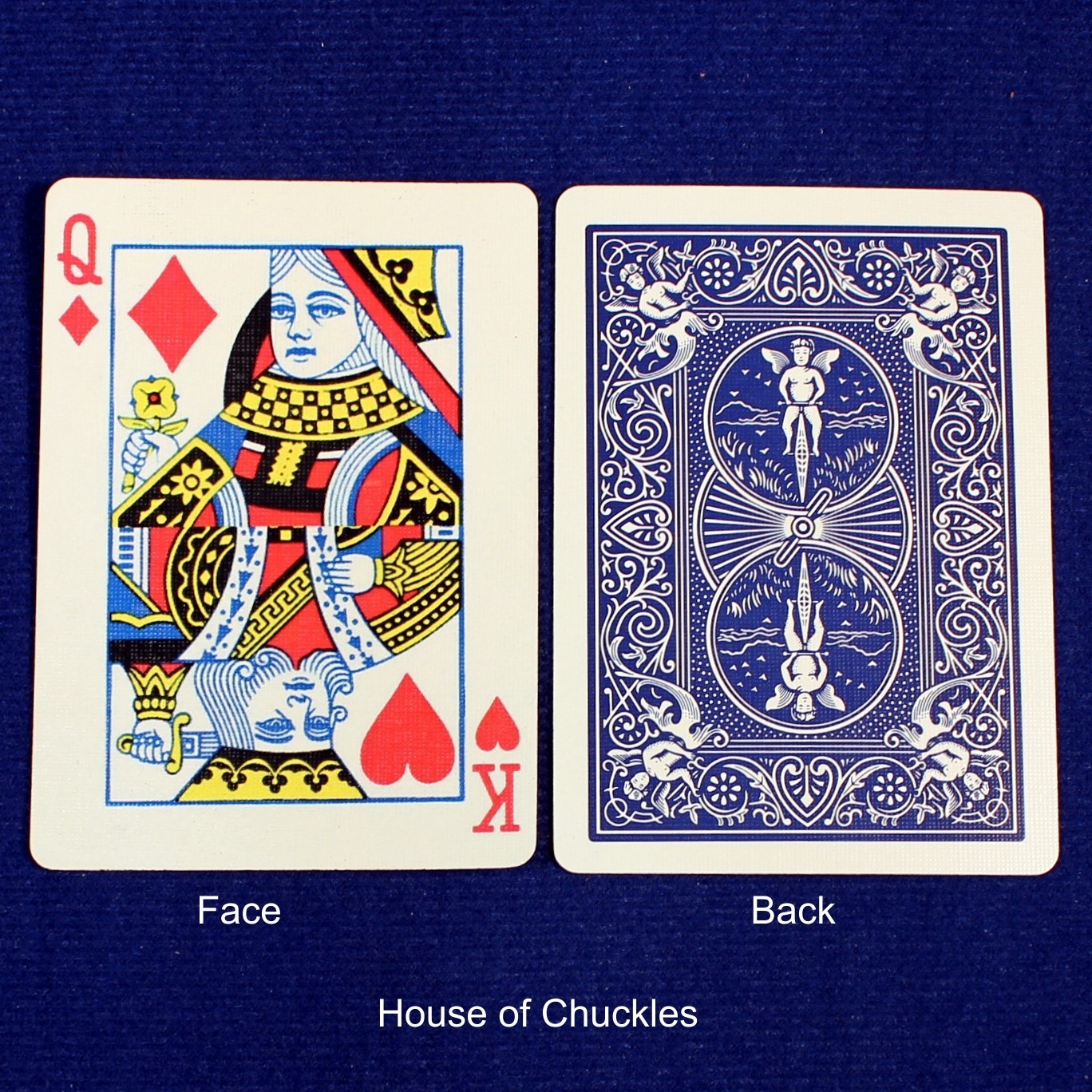 Queen of Diamonds, King Hearts, Half Horizontal, Bicycle Printed Gaff Card, Blue