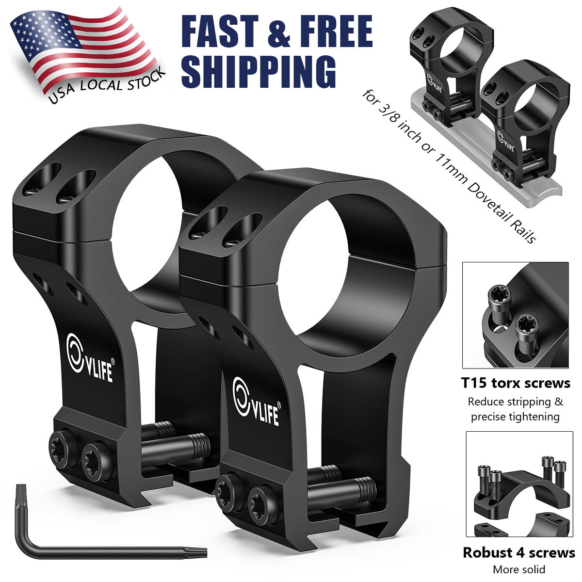 2PCS High Profile 1" Scope Ring See Through Laser Scope Mount - 3/8" & 11mm Rail