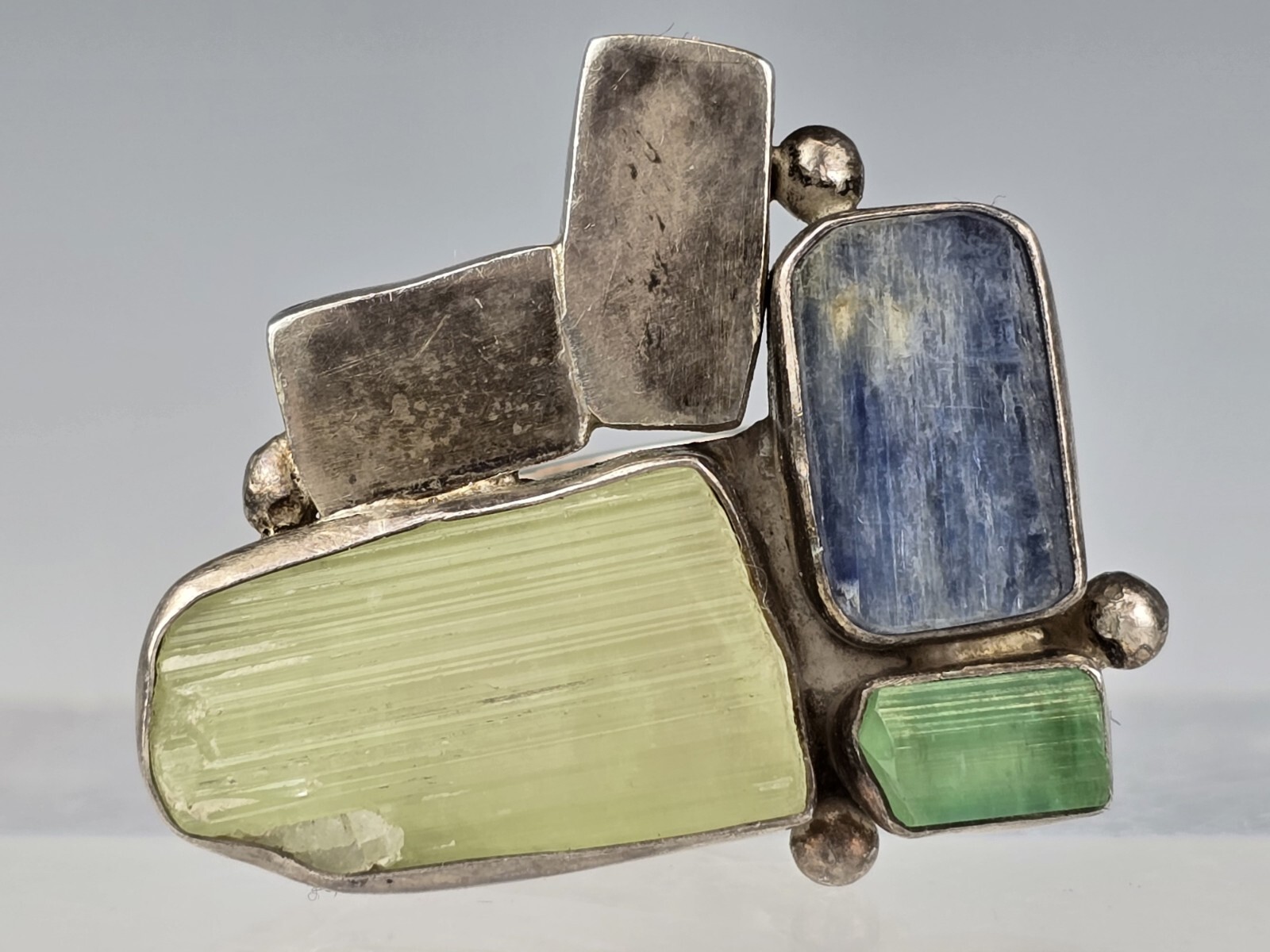 Sterling Silver Tourmaline Blue Cyanite Ring Size 8.5 Signed with Sun