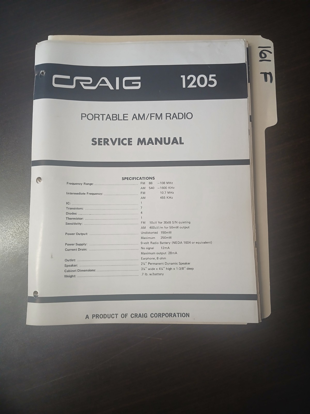 Craig 1205 Service Manual Original Repair Book Portable Radio