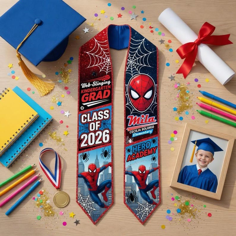 Custom Spiderman Kindergarten Graduate Class Of 2026 Superhero Graduation Stole