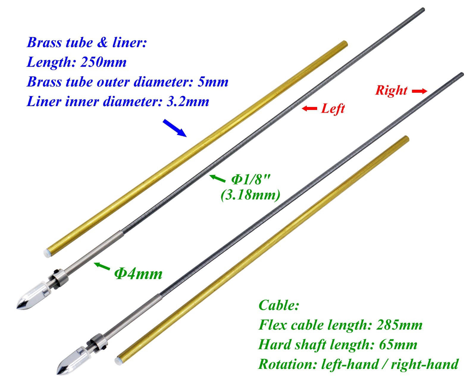 3.18mm 1/8" Left / Right Flex Cable with 4mm Propeller Shaft for RC Model Boat