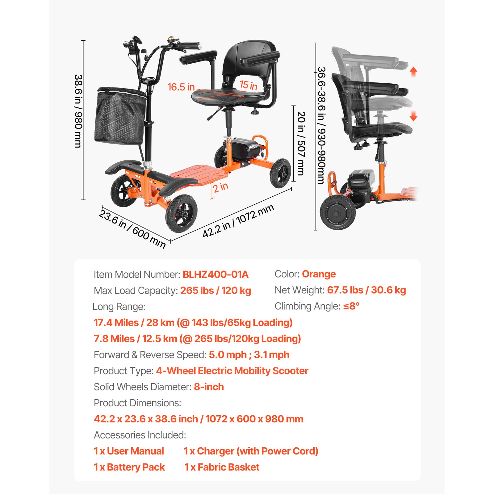 Folding Mobility Scooter for Adults, 265LBS Loading Electric Mobility Scooter