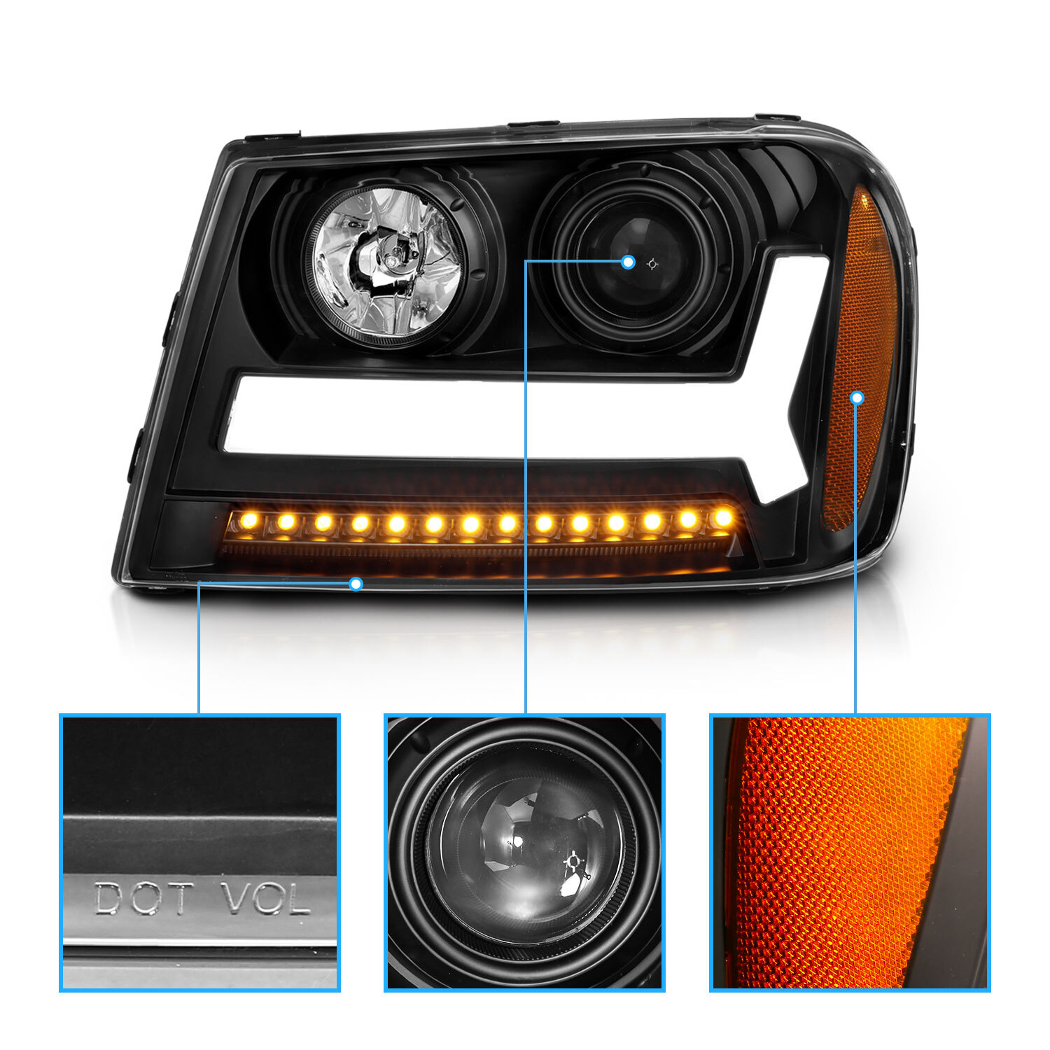 For 2006-2009 Trailblazer Black Headlights LED bar Headlight pair