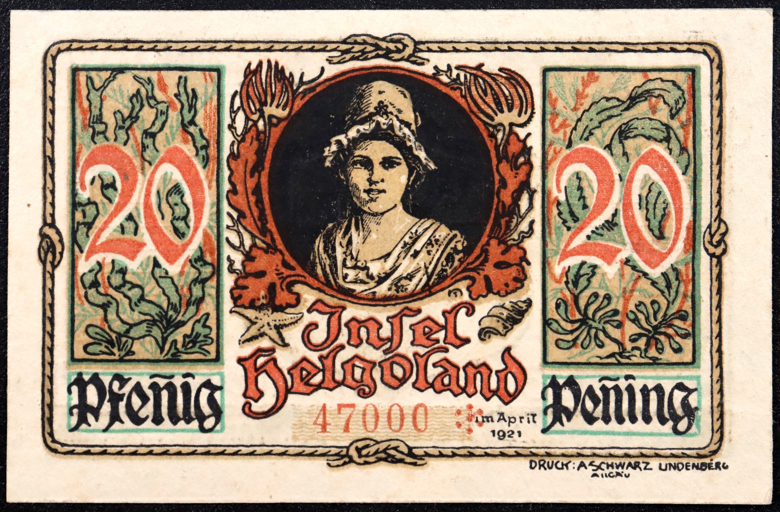 HELGOLAND 1921 Serial no. 47000! "Girl" 20 Pfennig German Notgeld Heligoland
