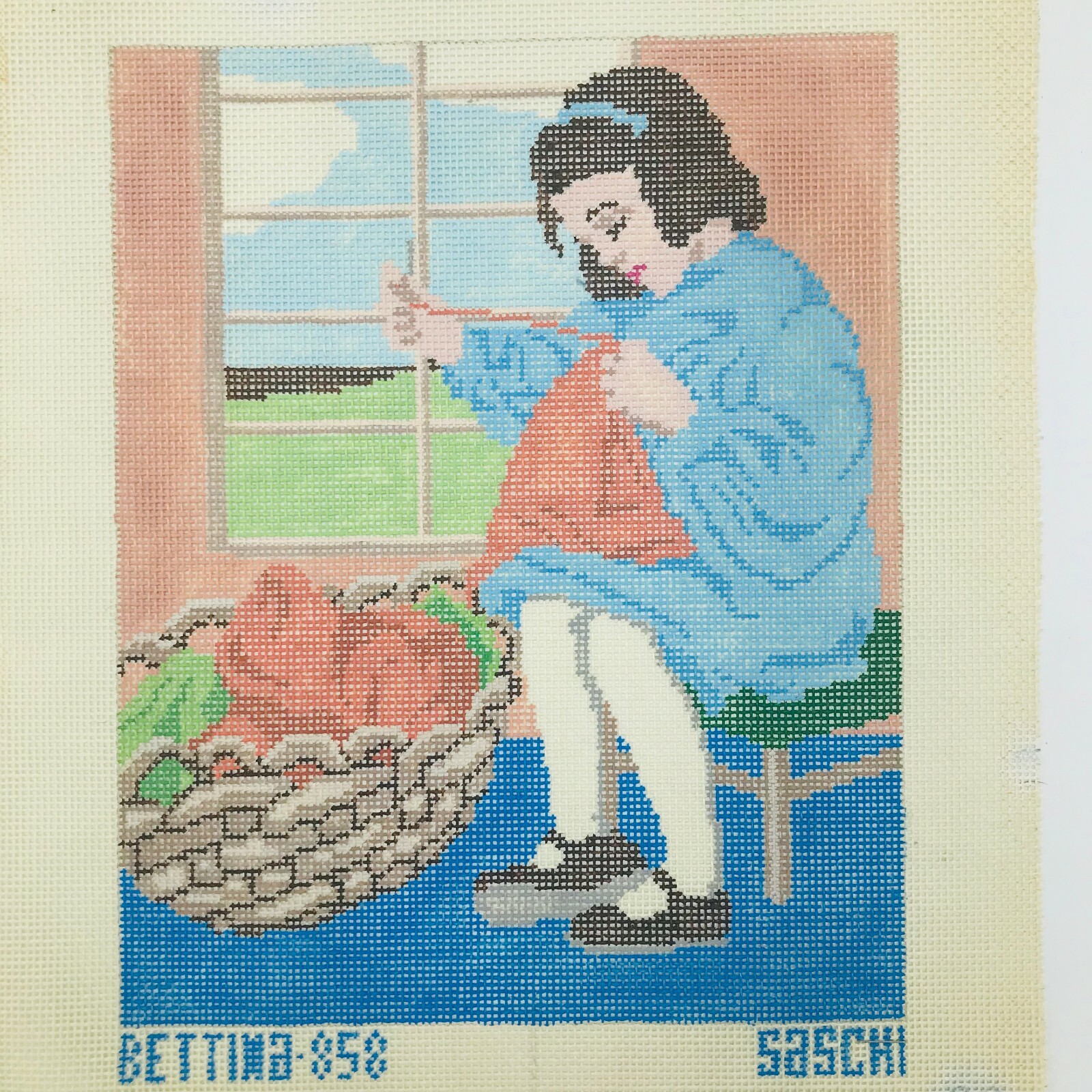 Needlepoint Pattern Hand Painted Bettina Saschi Girl Sewing Signed Primitive