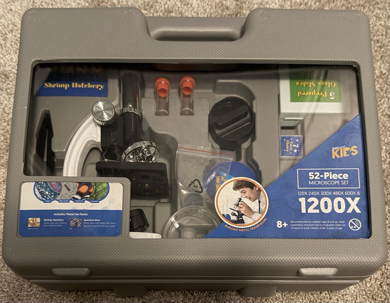 AmScope Kids Microscope Set 120X-1200X Zoom 52-Piece Kit