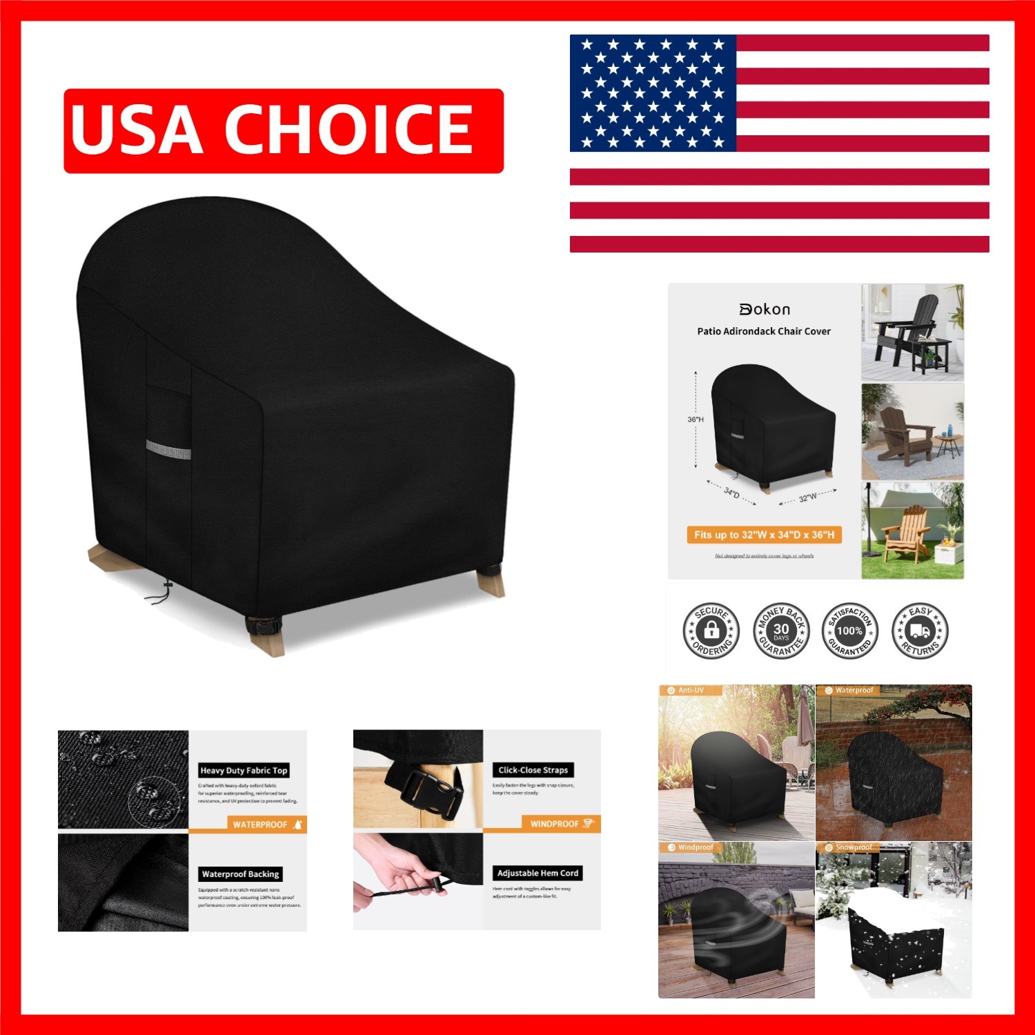 Durable Outdoor Chair Cover with Air Vents - 32''W x 34''D x 36''H Black Oxford