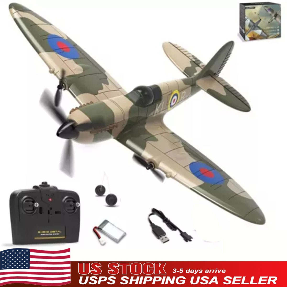 US Volantex 2.4Ghz WWII Spitfire 3CH Plane Remote Control Fighter Aerobatic RTF