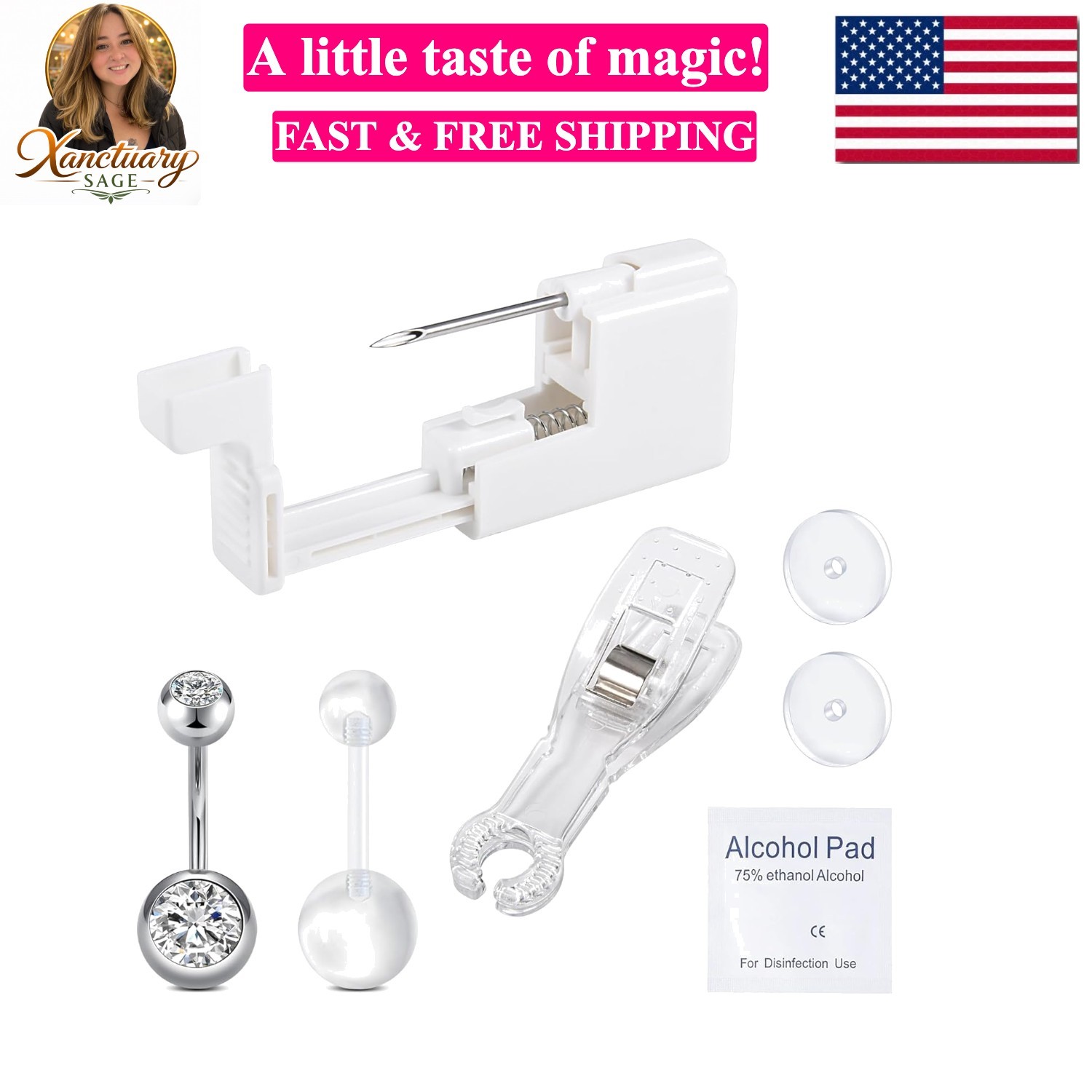 Belly Button Piercing Gun Kit - Silver Navel Piercing Gun