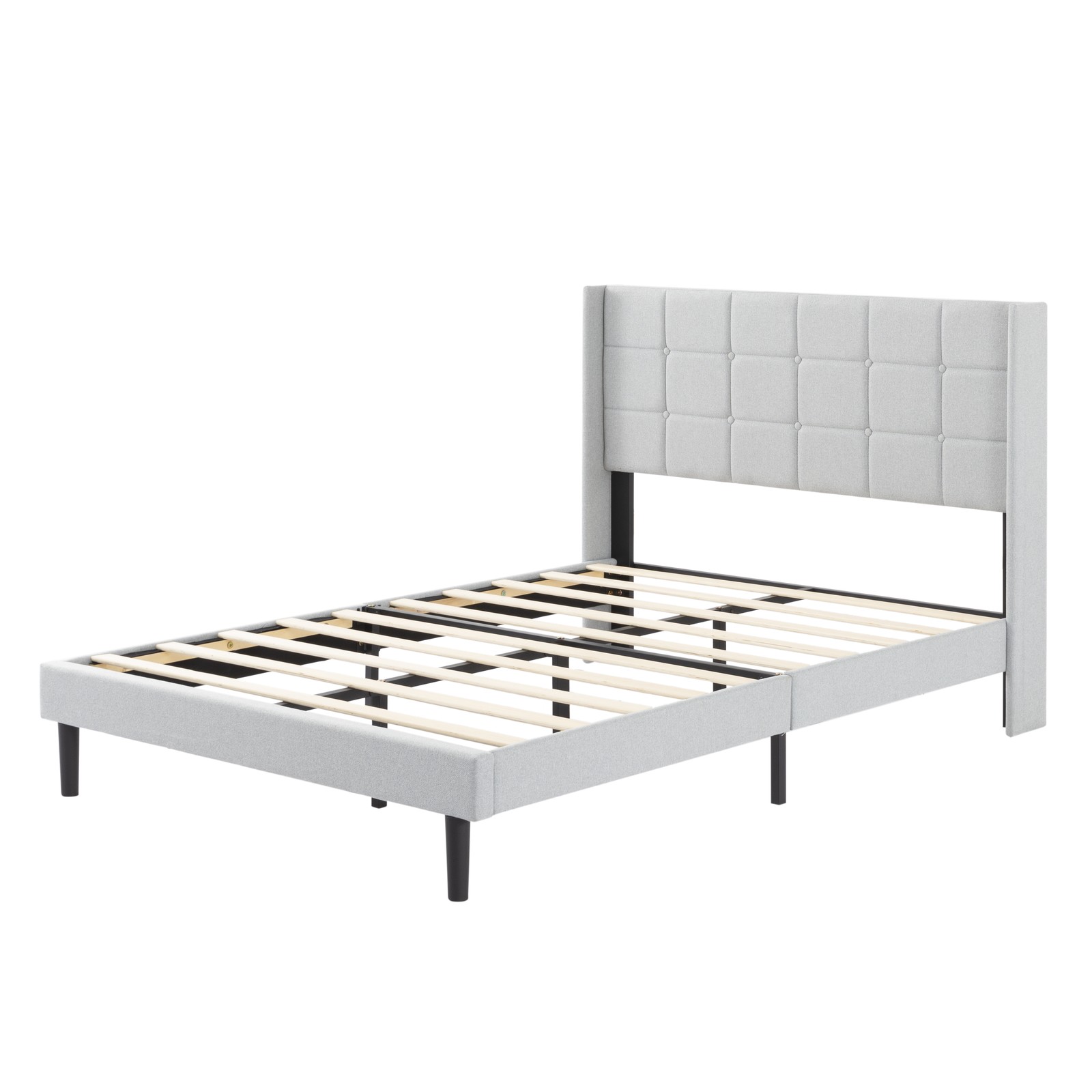 Full Size Platform Bed Frame with Upholstered Headboard, Light Gray