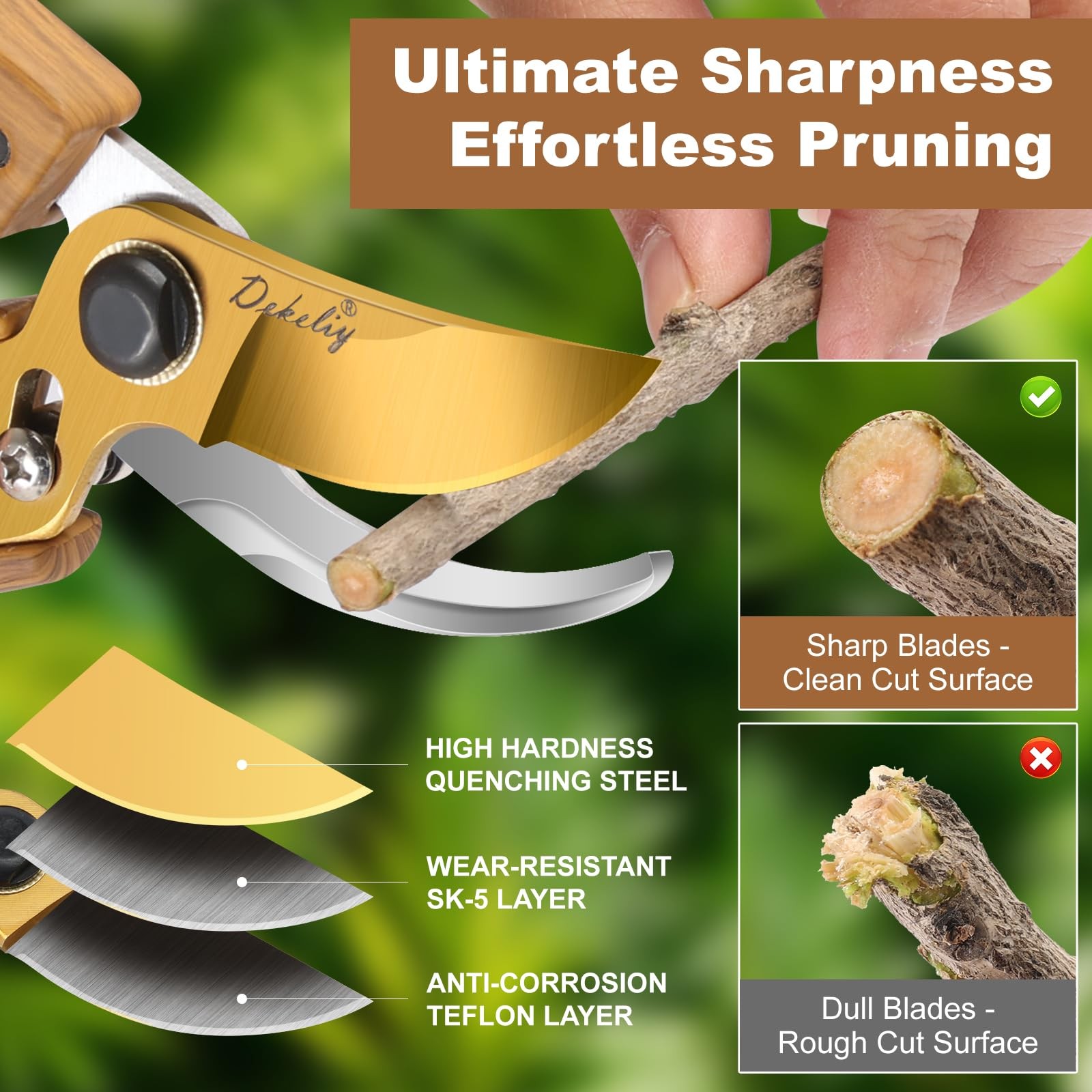 Dekeliy 2Pack Garden Pruning Shears Set: Ultra Sharp SK5 Blade Wood Grain