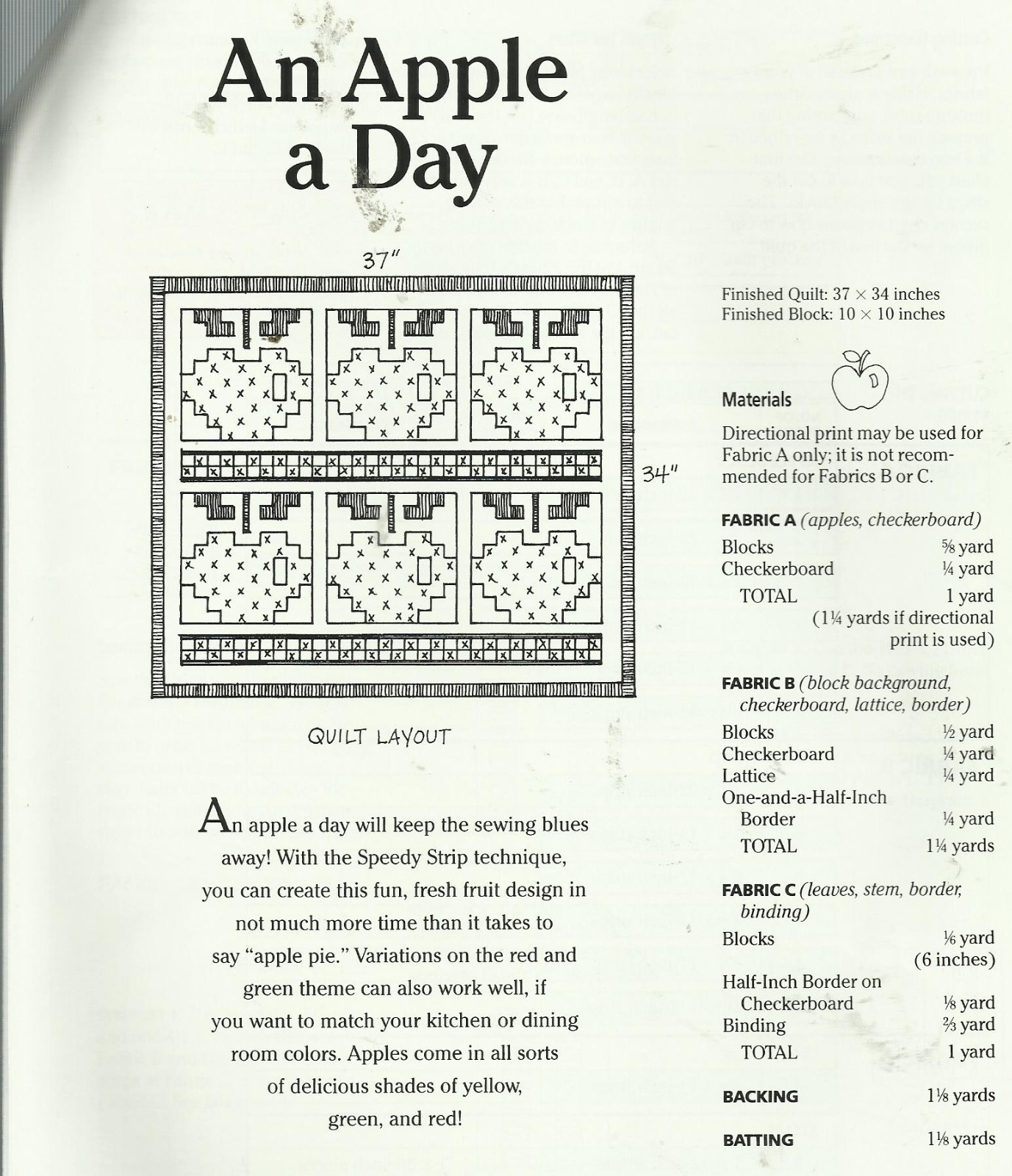 C0726 AN APPLE A DAY WALLHANGING QUILT PATTERN/INSTRUCTIONS