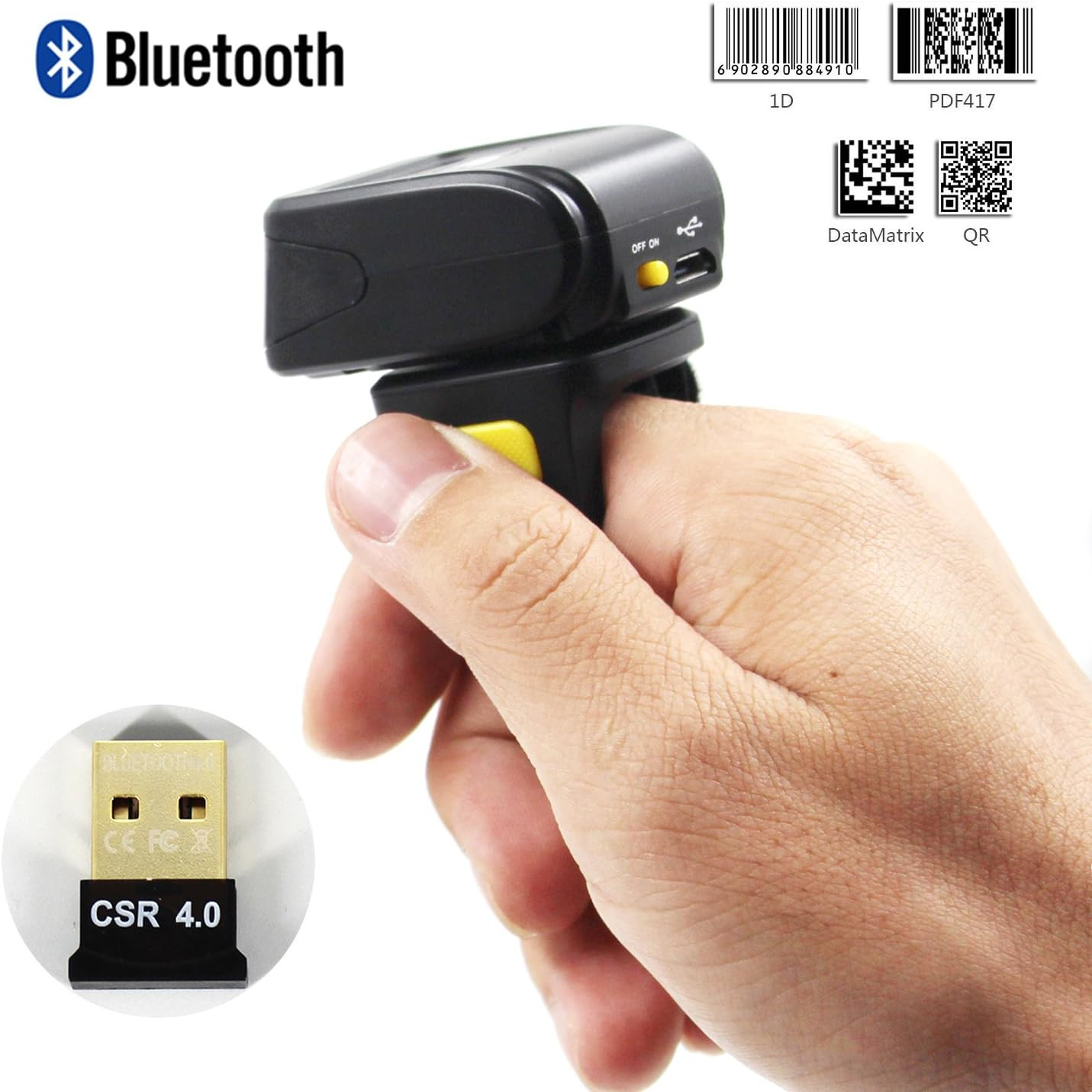 Bluetooth Ring 1D 2D QR Barcode Scanner,Wearable Wireless Finger Mini Bar Code