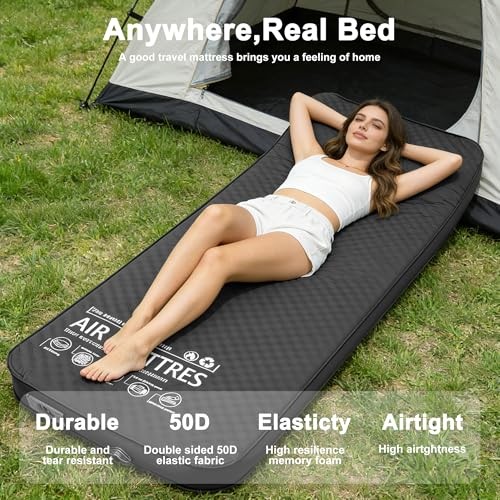 Self Inflating Sleeping Pad with Electric Pump, 4" Thick Memory Foam Black