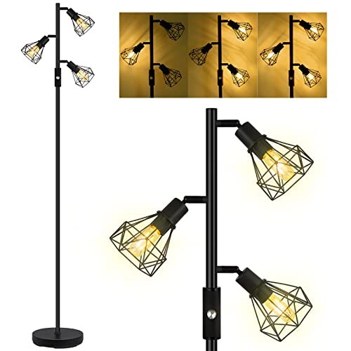 Floor Lamp, Industrial Floor Lamps for Living Room,Tree Standing 3 Heads-Black