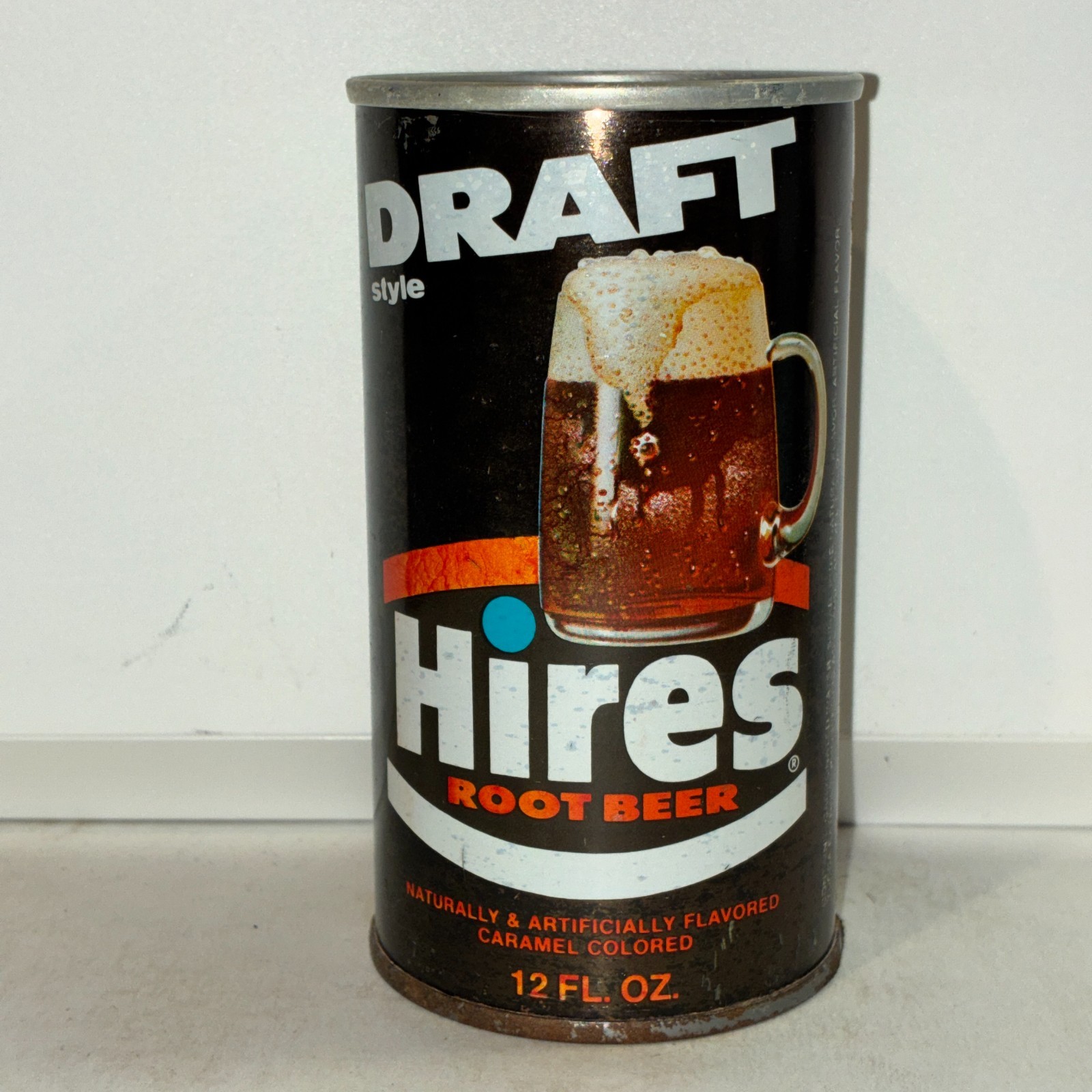 Hires Draft root beer soda can, straight steel