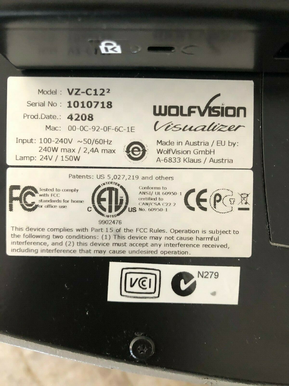 Wolfvision Visualizer Document Camera Projector VZ-C12