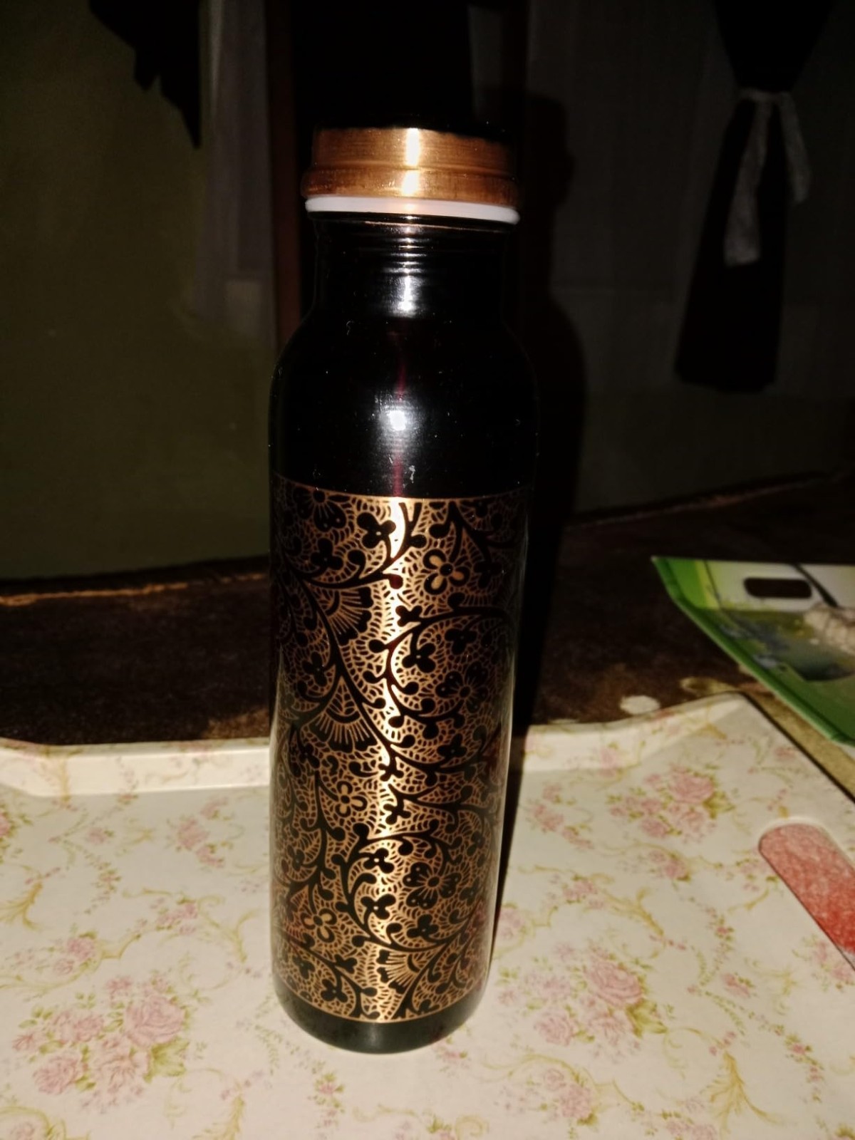 2 Pack 34 Ounce Pure Copper Water Bottle with Printed Tree Bark Design, Ayur...