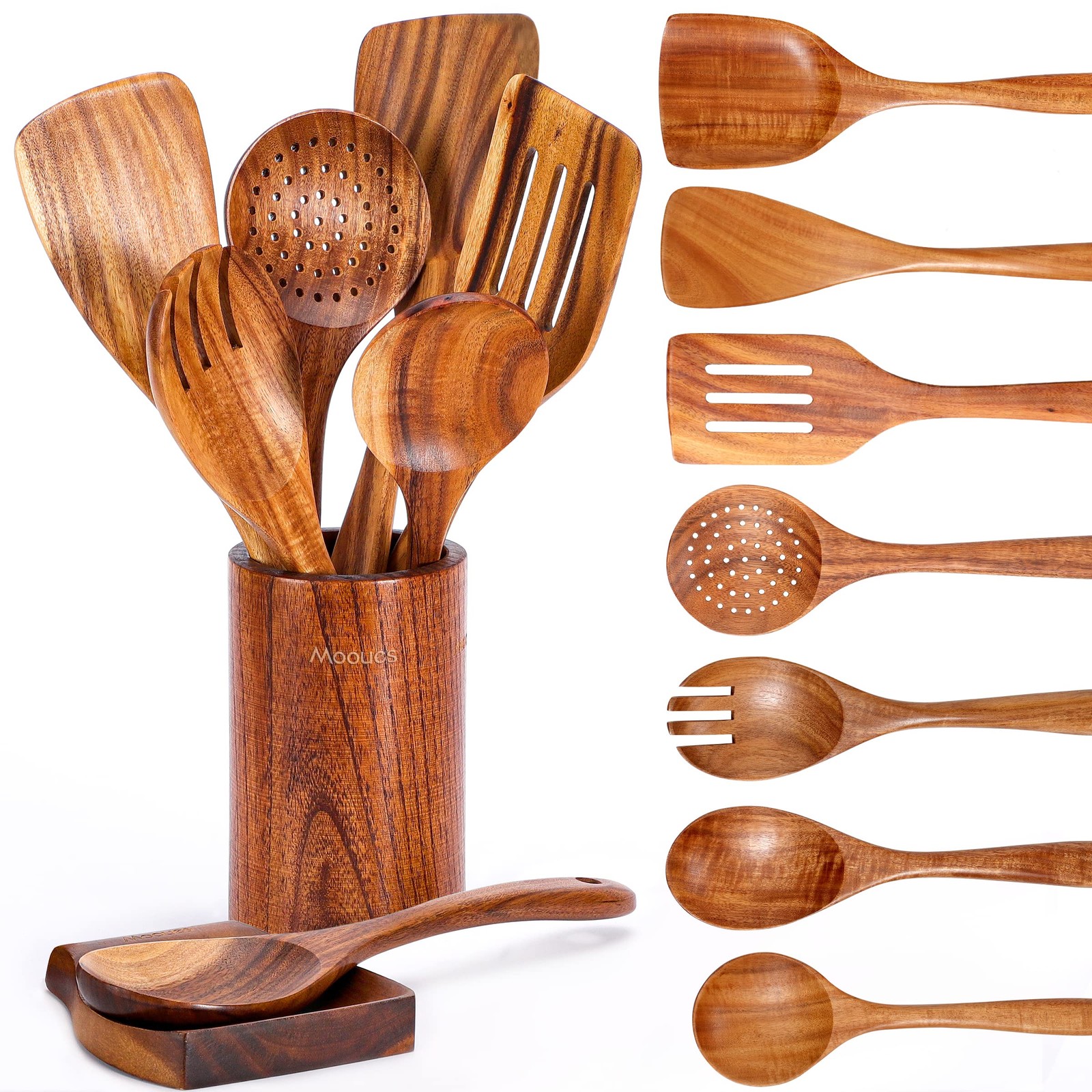 9 Piece Natural Teak Wooden Kitchen Utensil Set with Spoon Rest  Comfort Grip...