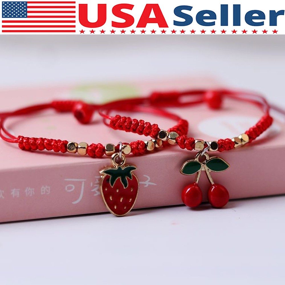 Cute Strawberry/Cherry Pendant Bracelet Women Girls Red Wrist Rope Jewelry Gifts