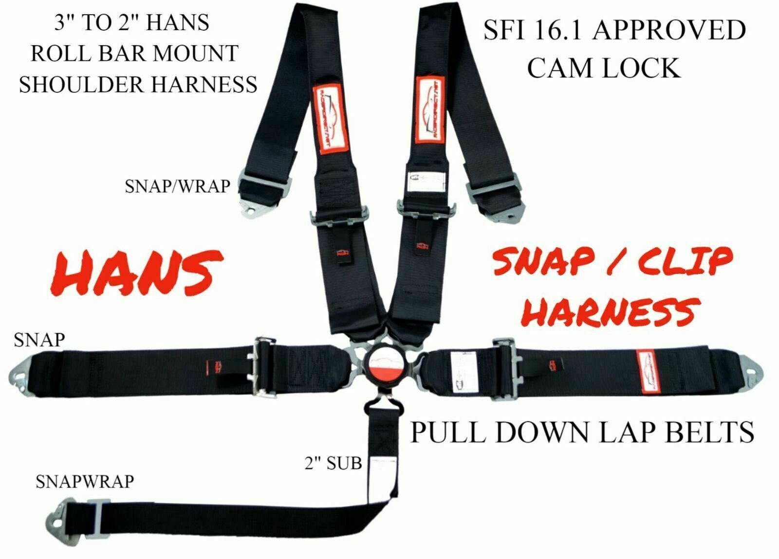 SFI 16.1 HANS CLIP IN 5 POINT 3" HARNESS ROLL BAR MOUNT BLACK