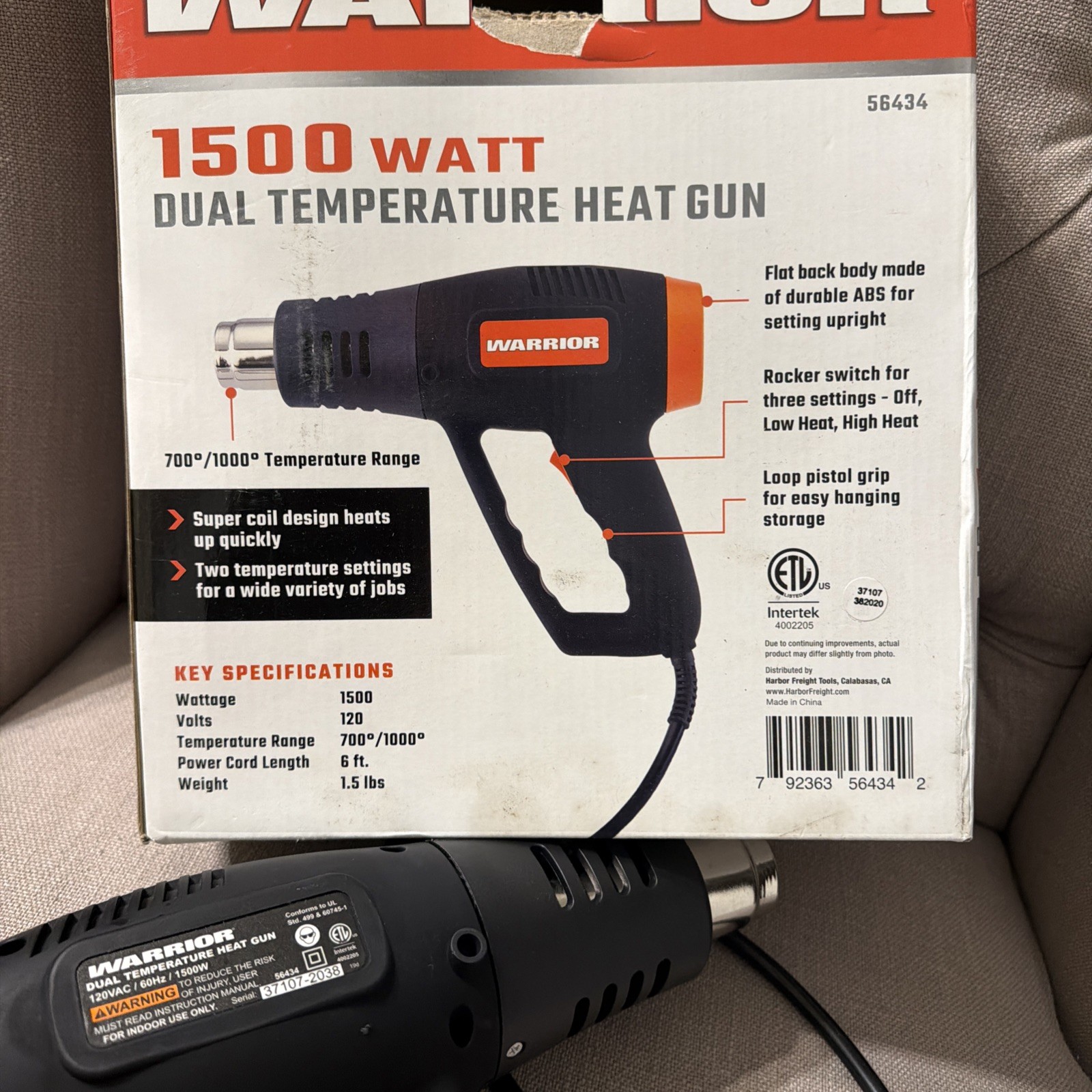 1500W Dual Temperature Heat Gun Warrior Open Box