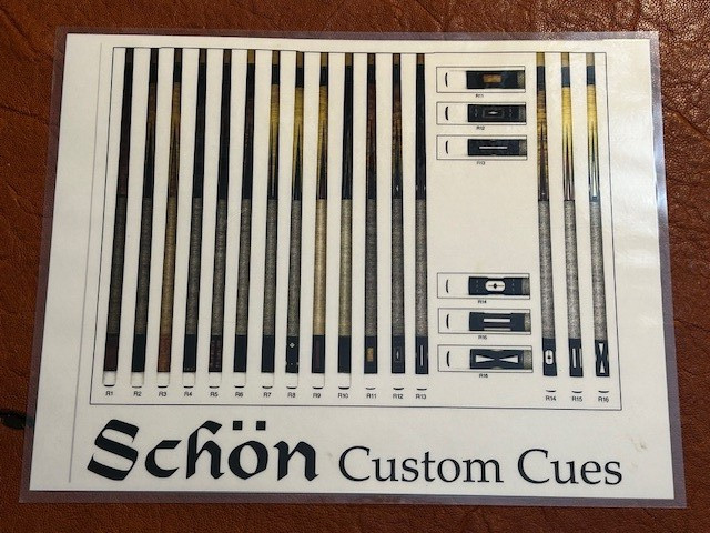 Laminated Placard of the R Series of Schon cues. Early Brochure of Schon Cues.