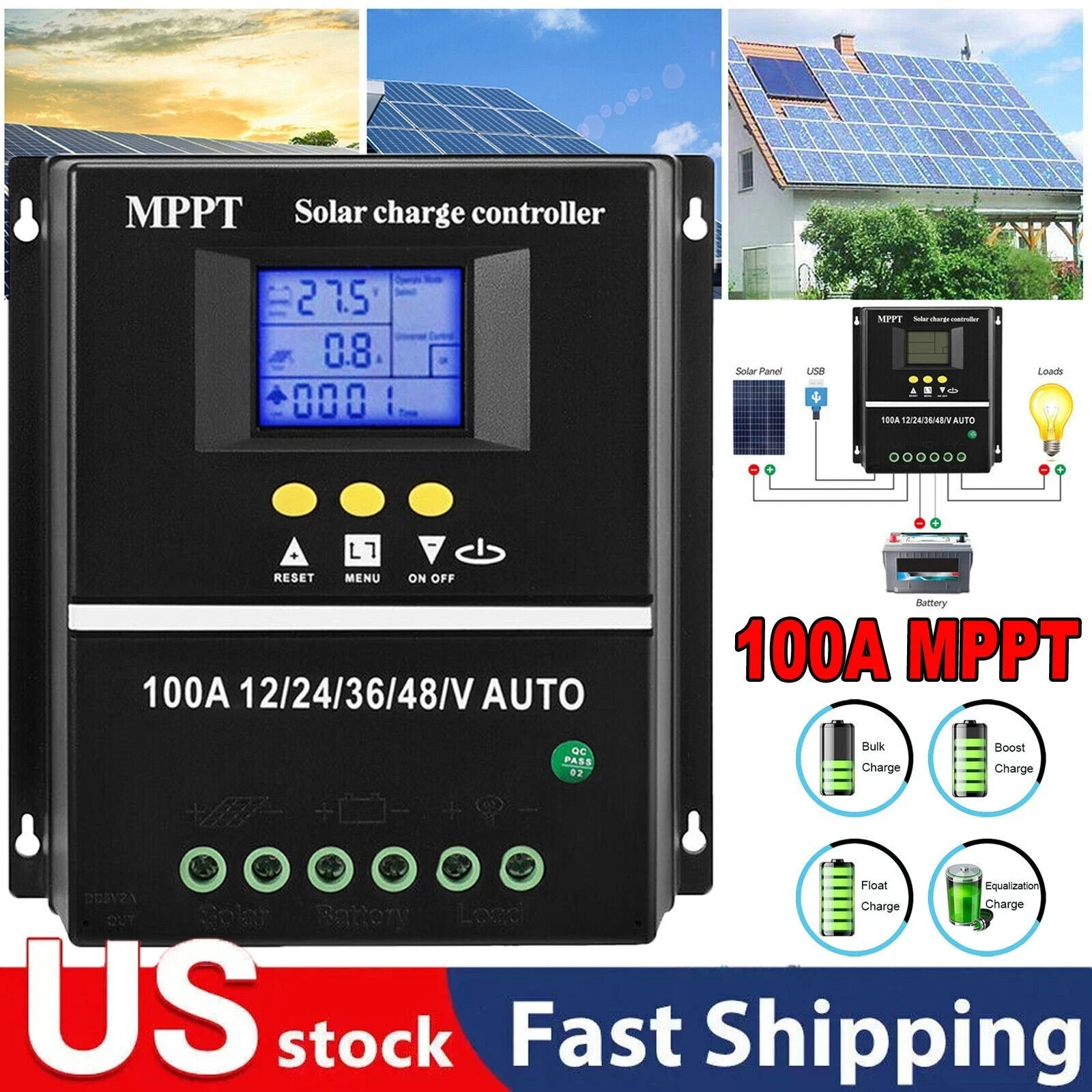 100A MPPT Solar Panel Regulator Charge Controller Auto Focus Tracking 12/24/48V