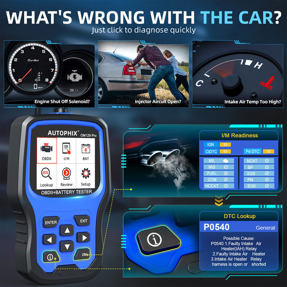 AUTOPHIX OM129 Pro OBD2 Scanner Full Check Engine Code Reader 12V Battery Test